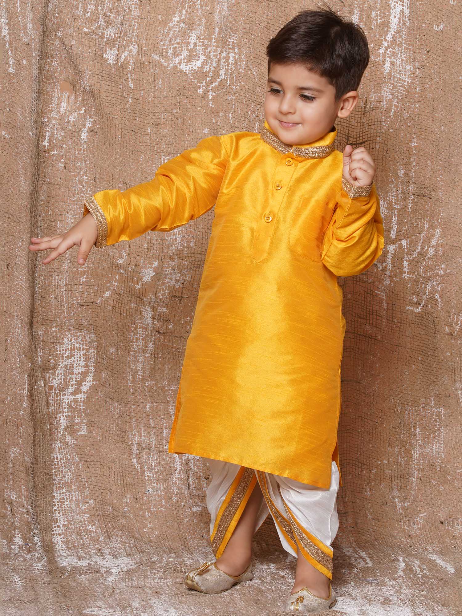 Kids Ethnic Wear Boys Yellow Silk Blend Dhoti Set - AJ Dezines