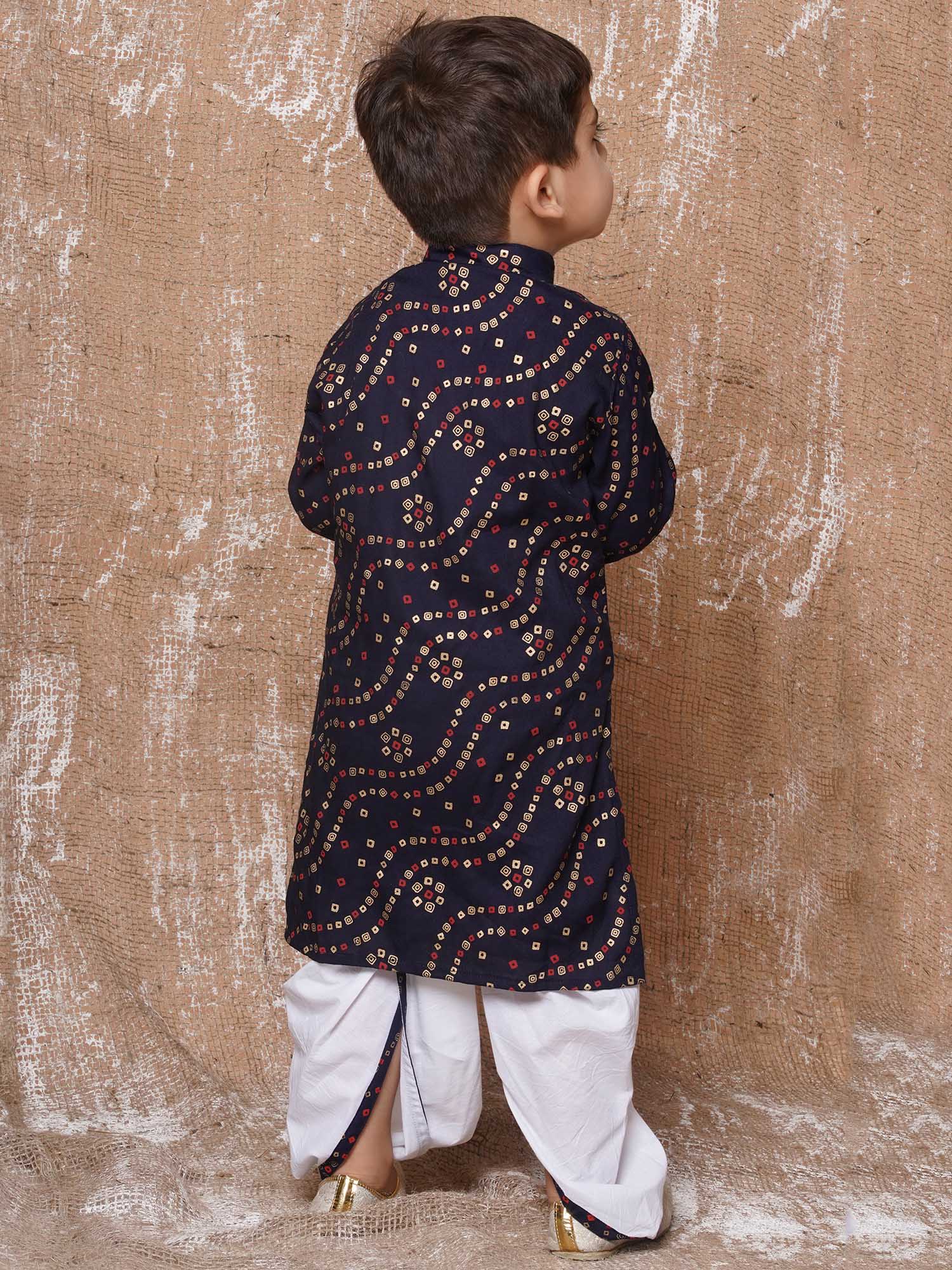 Kids Boys Navy Blue Bandhani Print Pure Cotton Dhoti Set - AJ Dezines