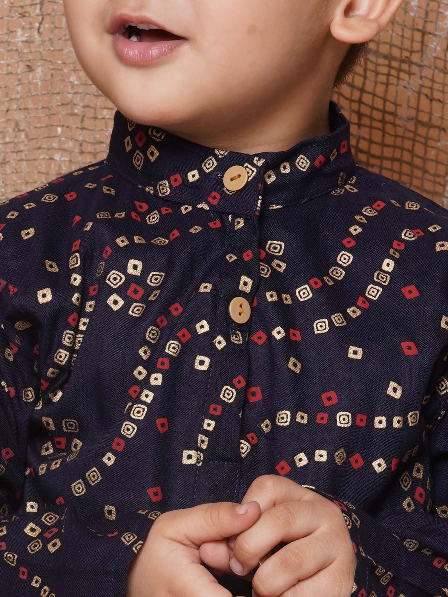 Kids Boys Navy Blue Bandhani Print Pure Cotton Dhoti Set - AJ Dezines