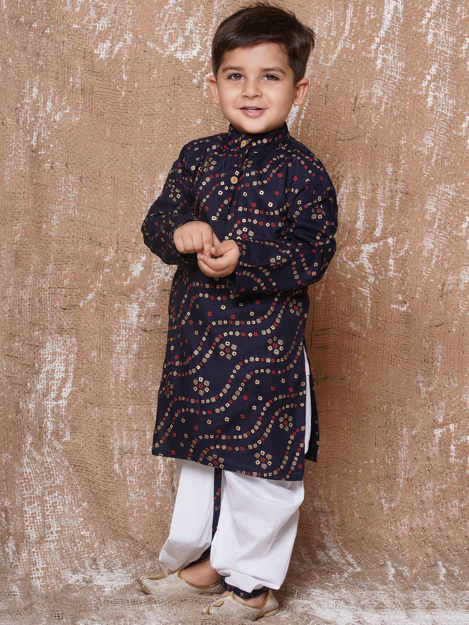 Kids Boys Navy Blue Bandhani Print Pure Cotton Dhoti Set - AJ Dezines