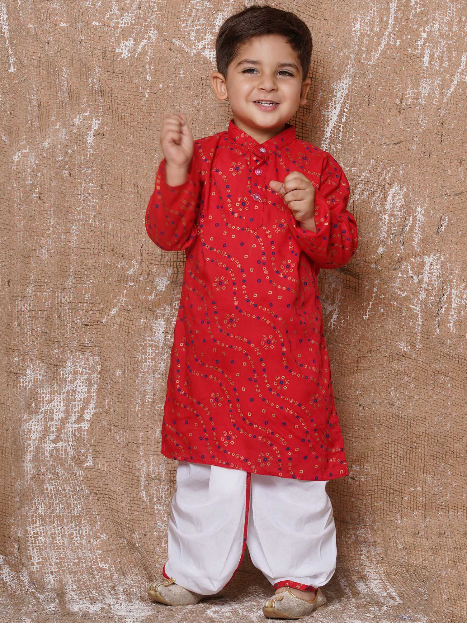 Kids Boys Red Bandhani Print Pure Cotton Dhoti Set - AJ Dezines