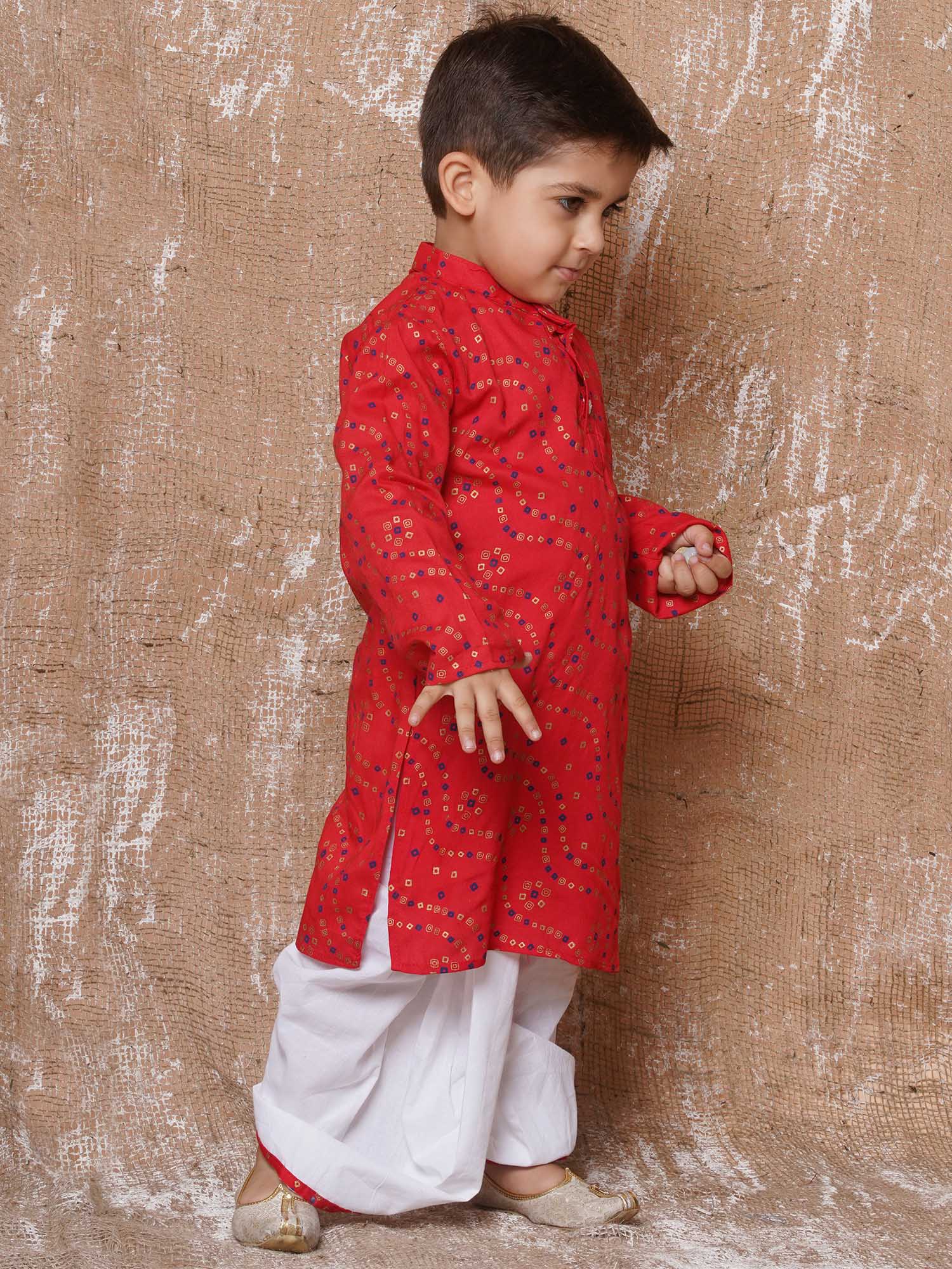 Kids Boys Red Bandhani Print Pure Cotton Dhoti Set - AJ Dezines
