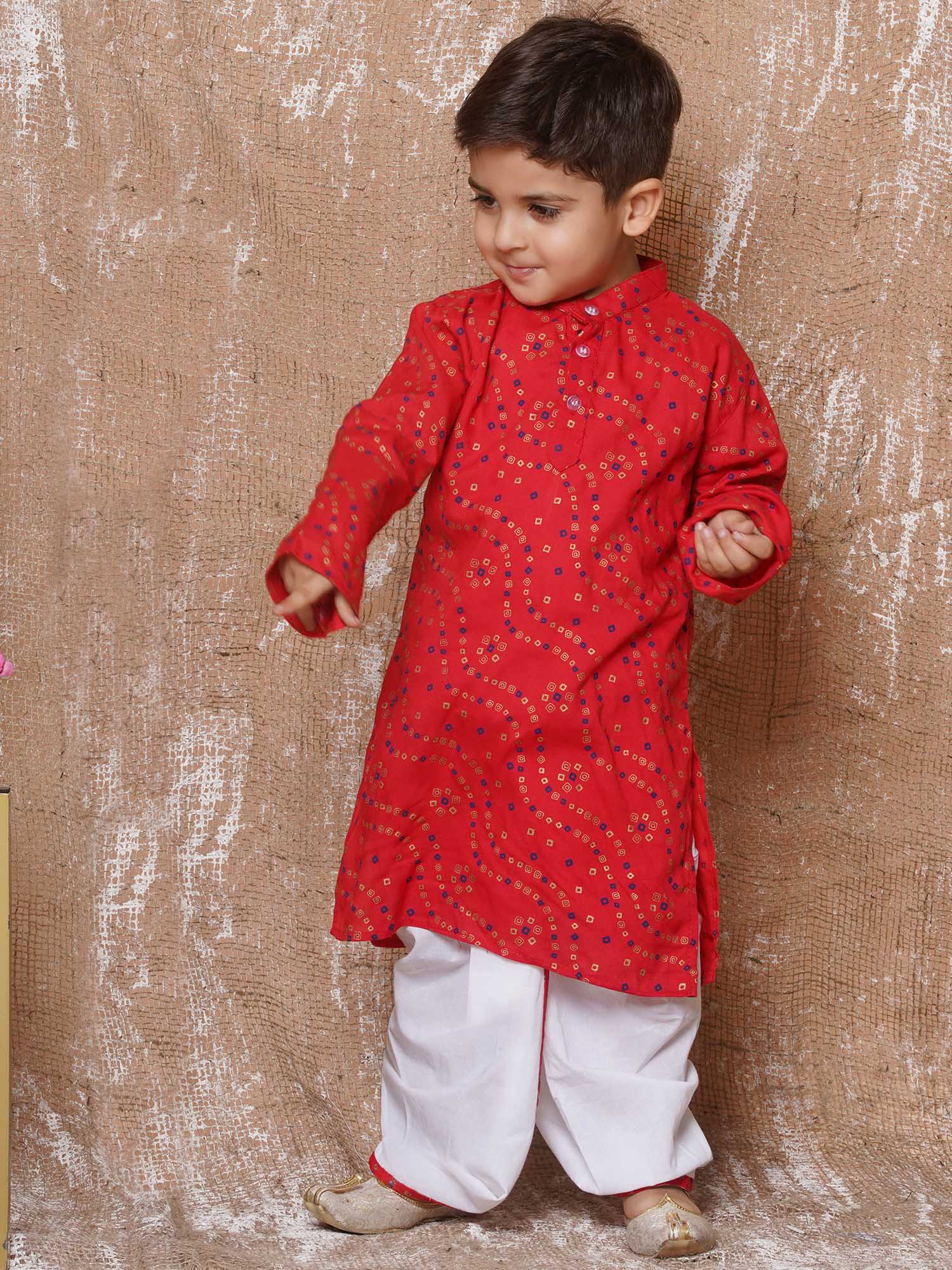 Kids Boys Red Bandhani Print Pure Cotton Dhoti Set - AJ Dezines