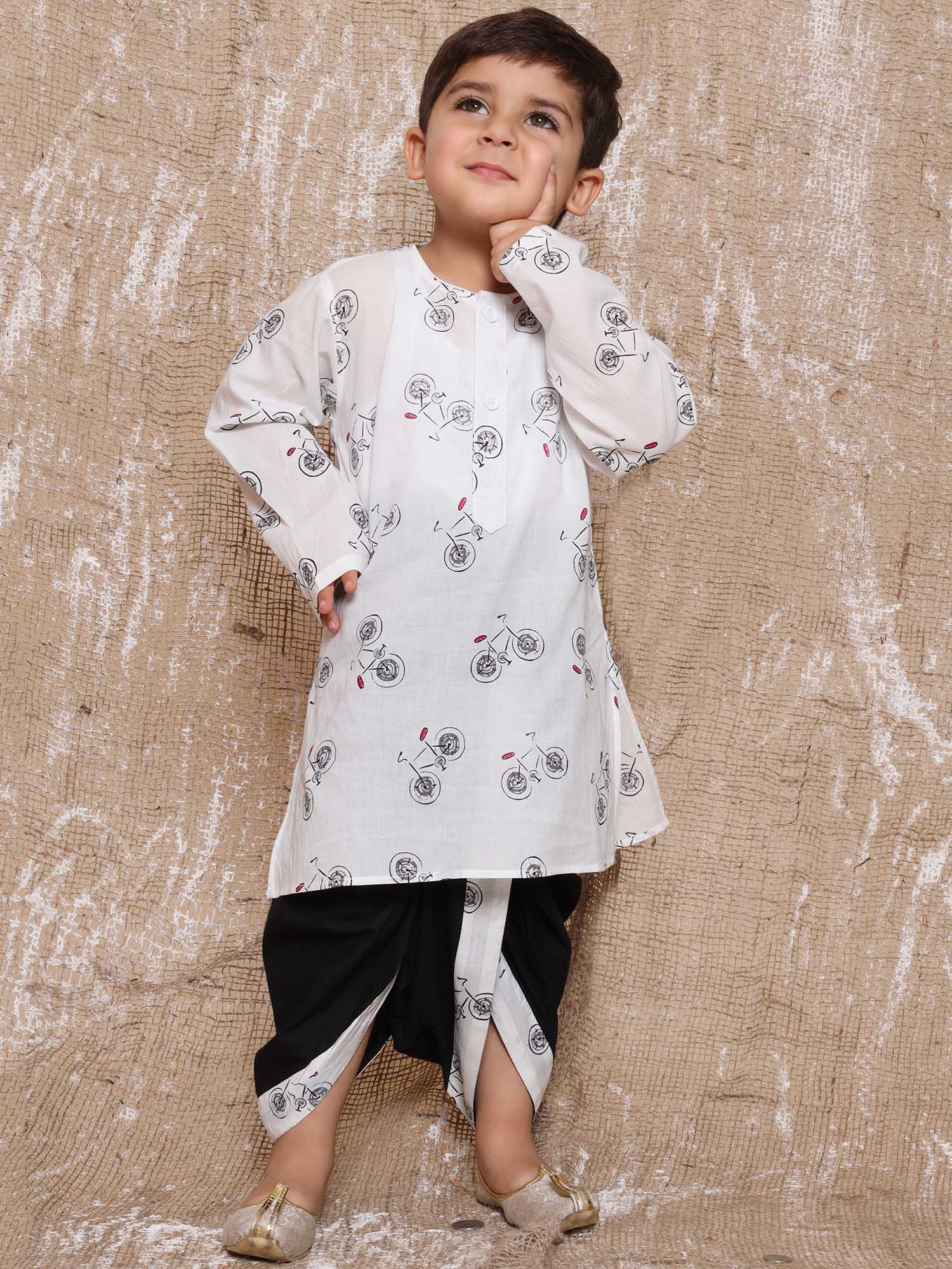 Kids Boys Black Cycle Print Pure Cotton Dhoti Set - AJ Dezines