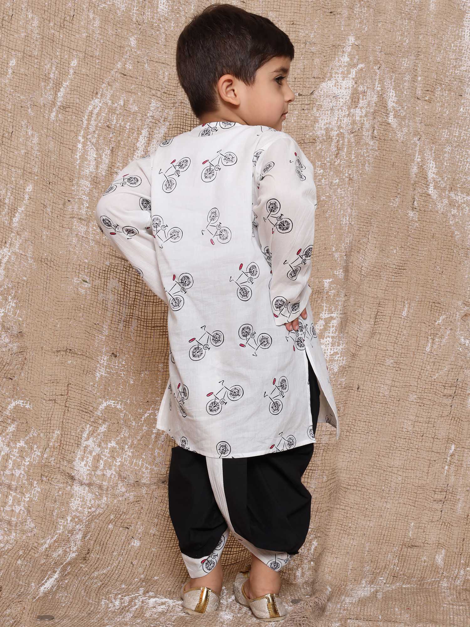 Kids Boys Black Cycle Print Pure Cotton Dhoti Set - AJ Dezines