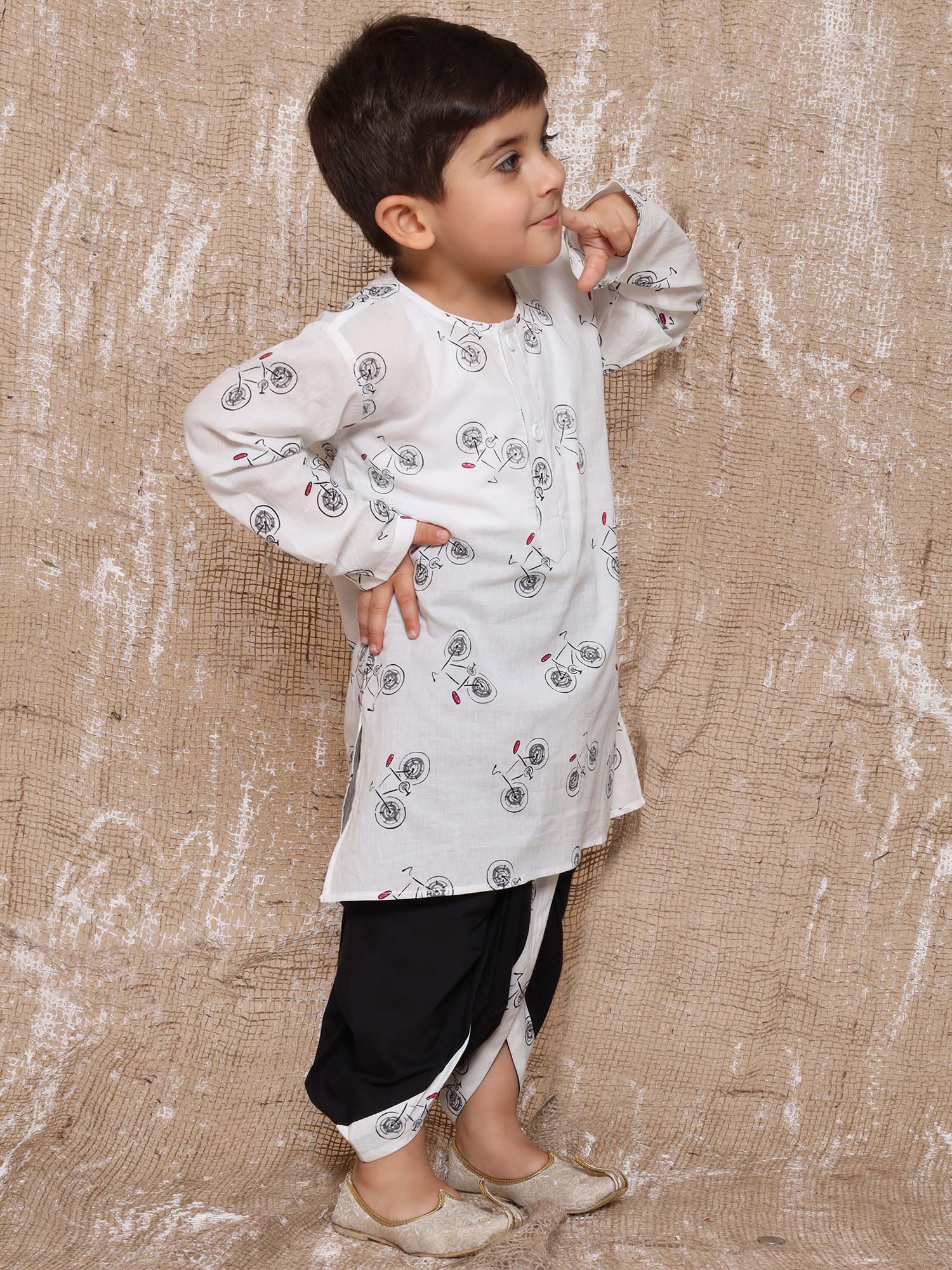 Kids Boys Black Cycle Print Pure Cotton Dhoti Set - AJ Dezines