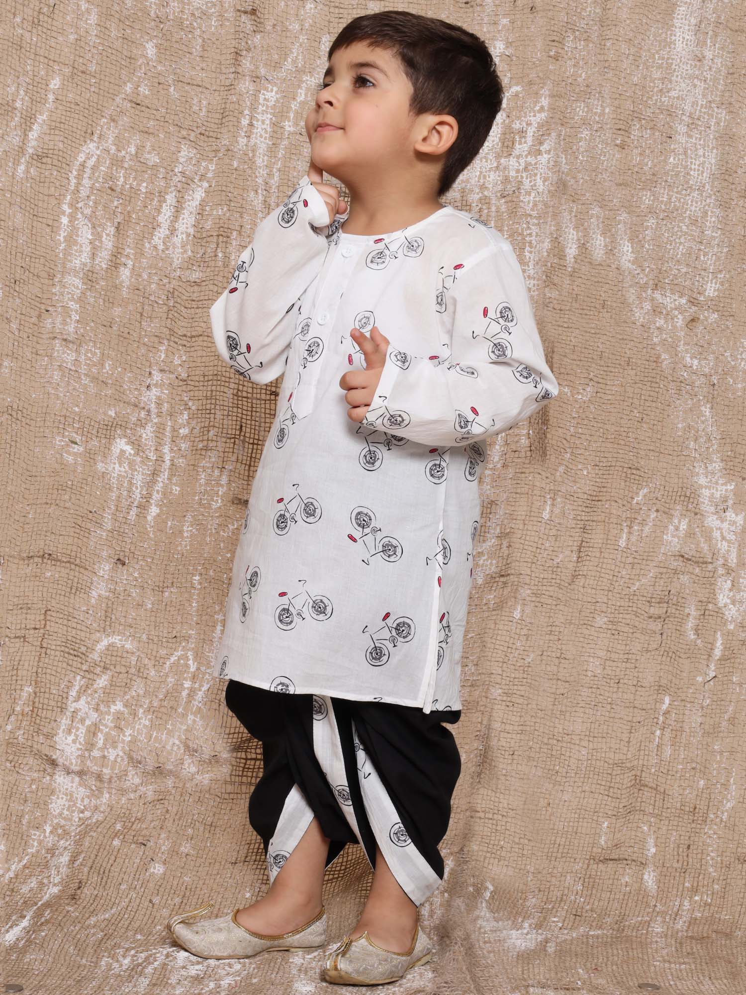Kids Boys Black Cycle Print Pure Cotton Dhoti Set - AJ Dezines