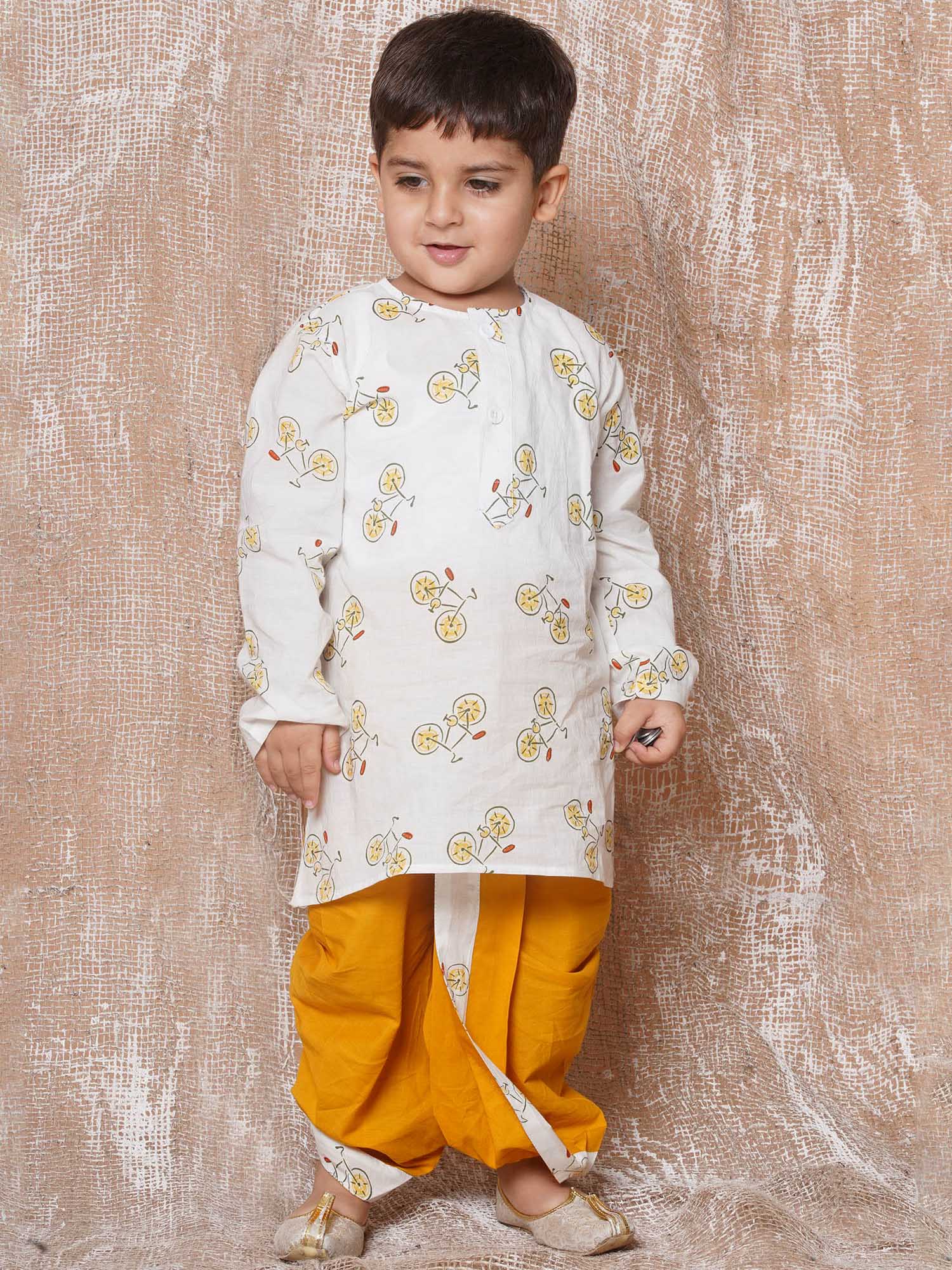 Kids Boys Yellow Cycle Print Pure Cotton Dhoti Set - AJ Dezines