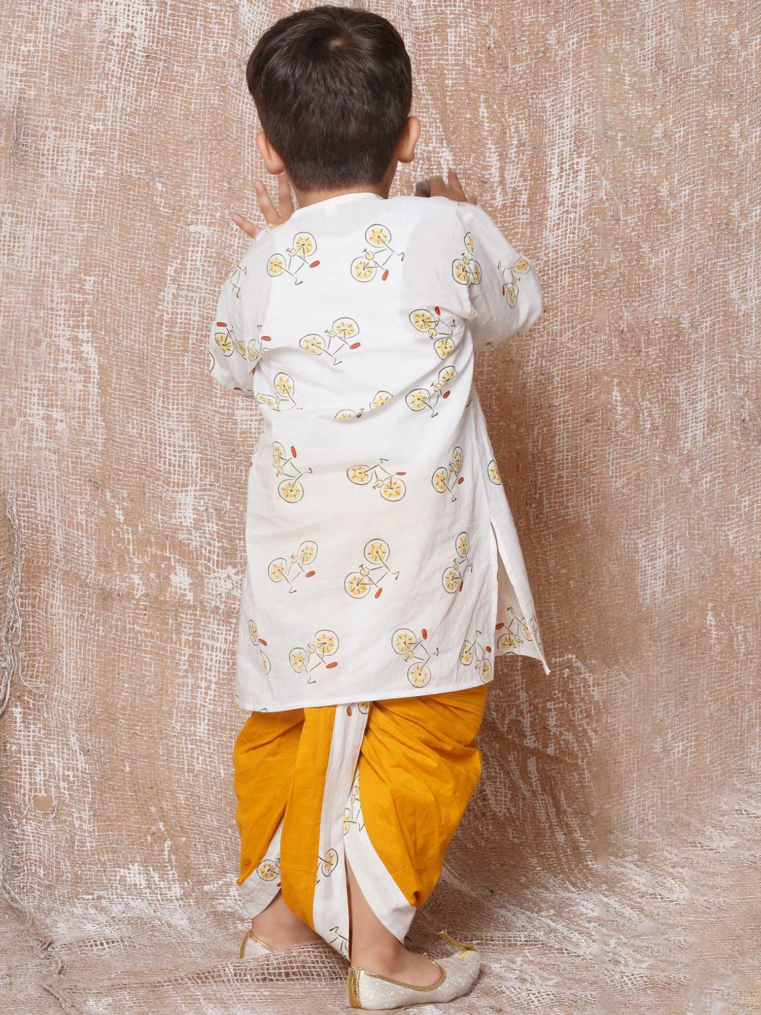 Kids Boys Yellow Cycle Print Pure Cotton Dhoti Set - AJ Dezines