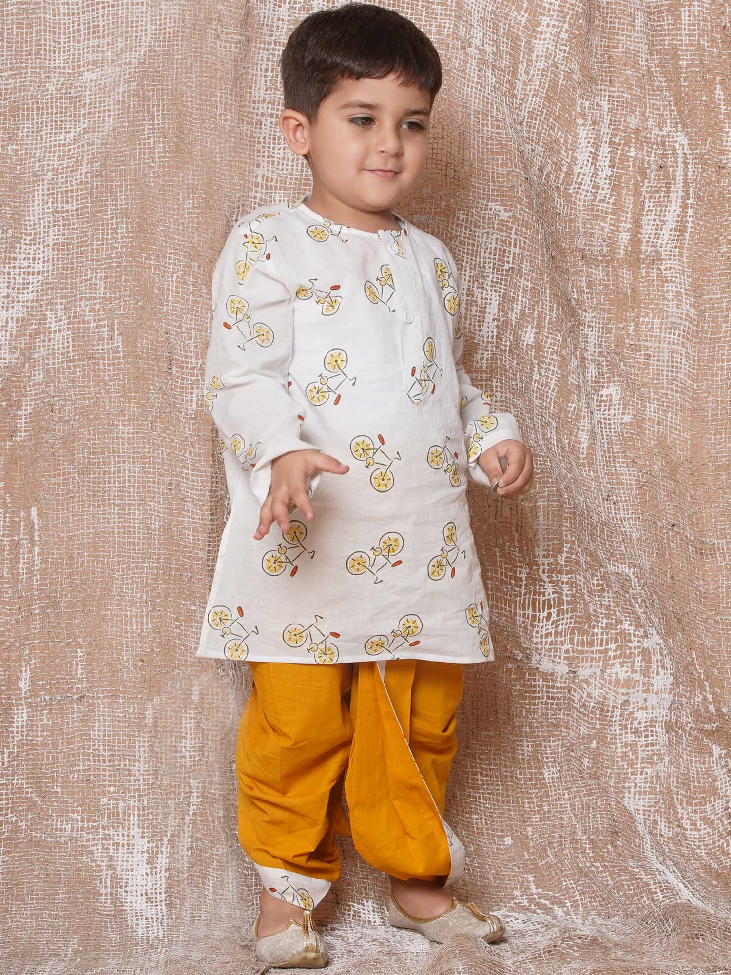 Kids Boys Yellow Cycle Print Pure Cotton Dhoti Set - AJ Dezines