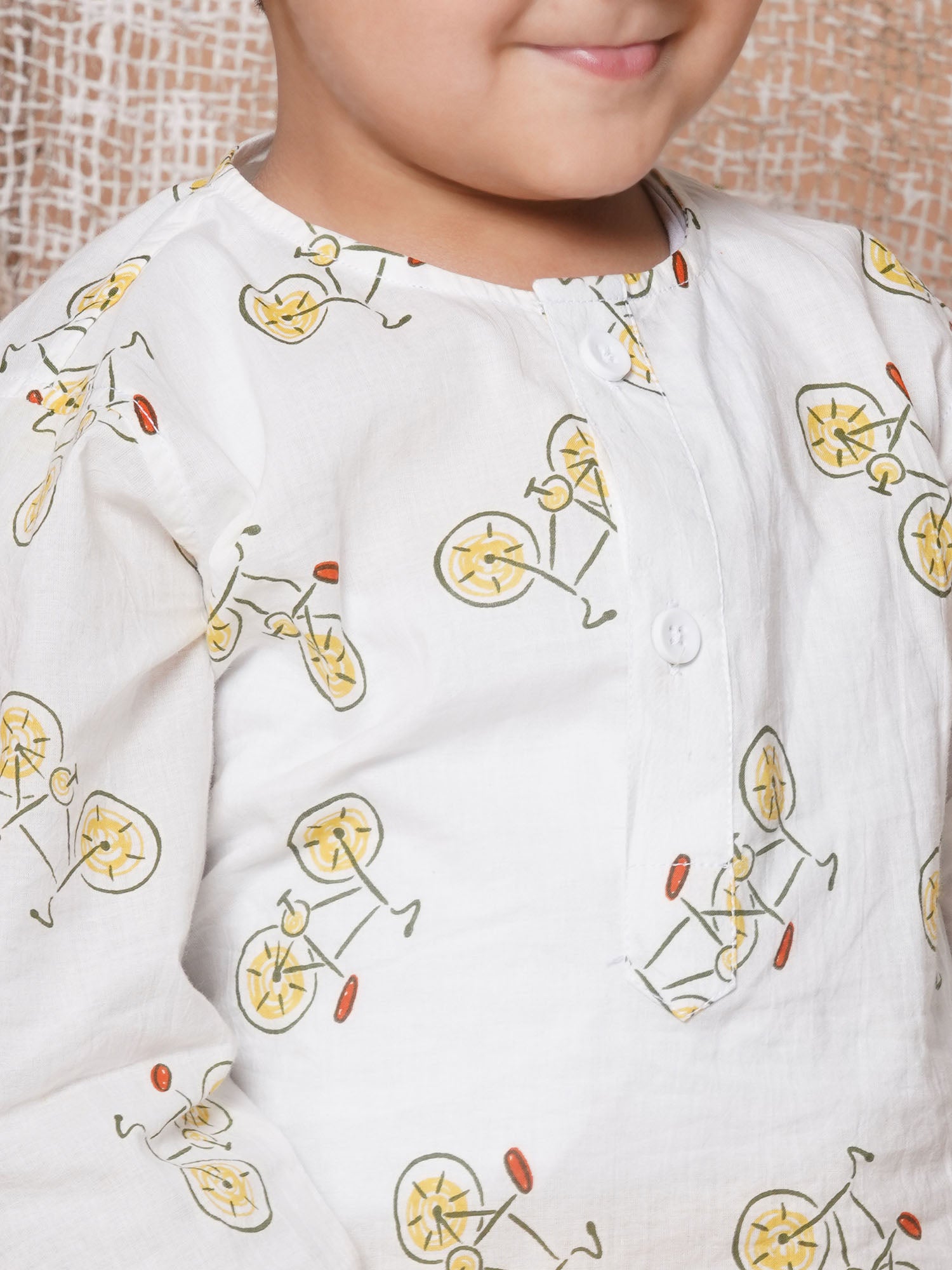 Kids Boys Yellow Cycle Print Pure Cotton Dhoti Set - AJ Dezines