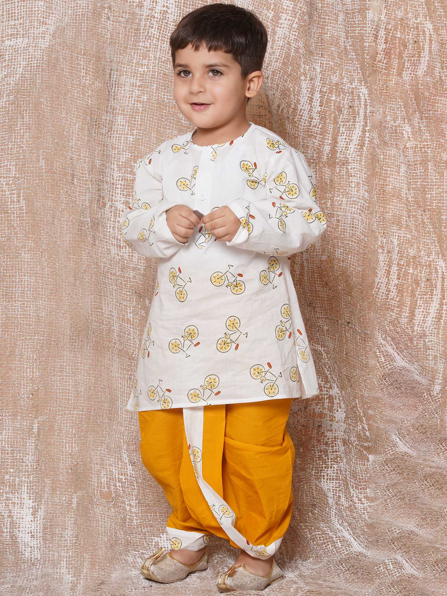 Kids Boys Yellow Cycle Print Pure Cotton Dhoti Set - AJ Dezines