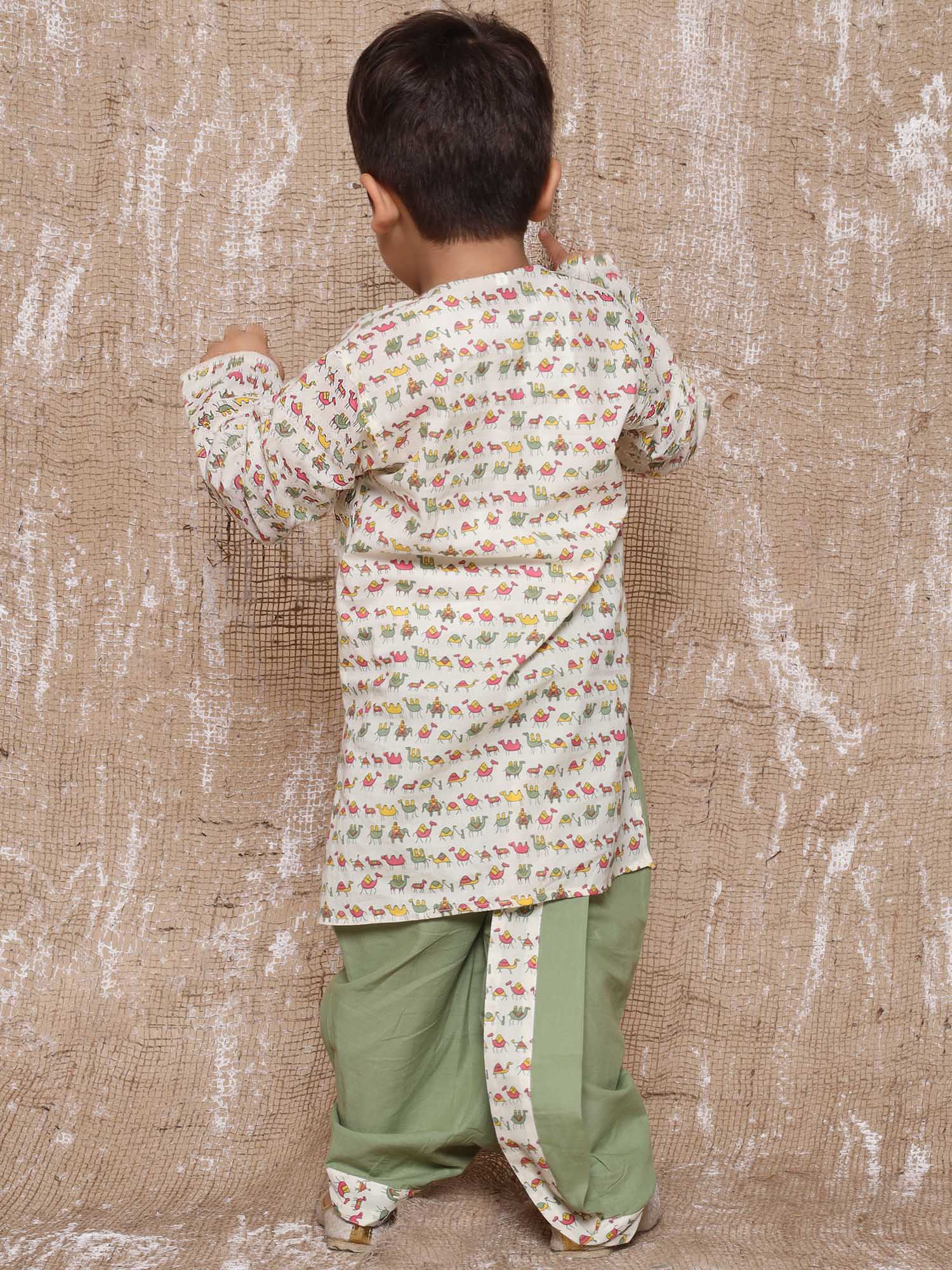 Kids Boys Green Animal Print Pure Cotton Dhoti Set - AJ Dezines
