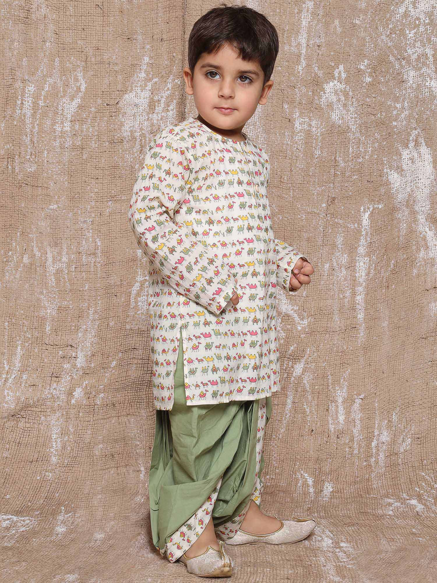 Kids Boys Green Animal Print Pure Cotton Dhoti Set - AJ Dezines