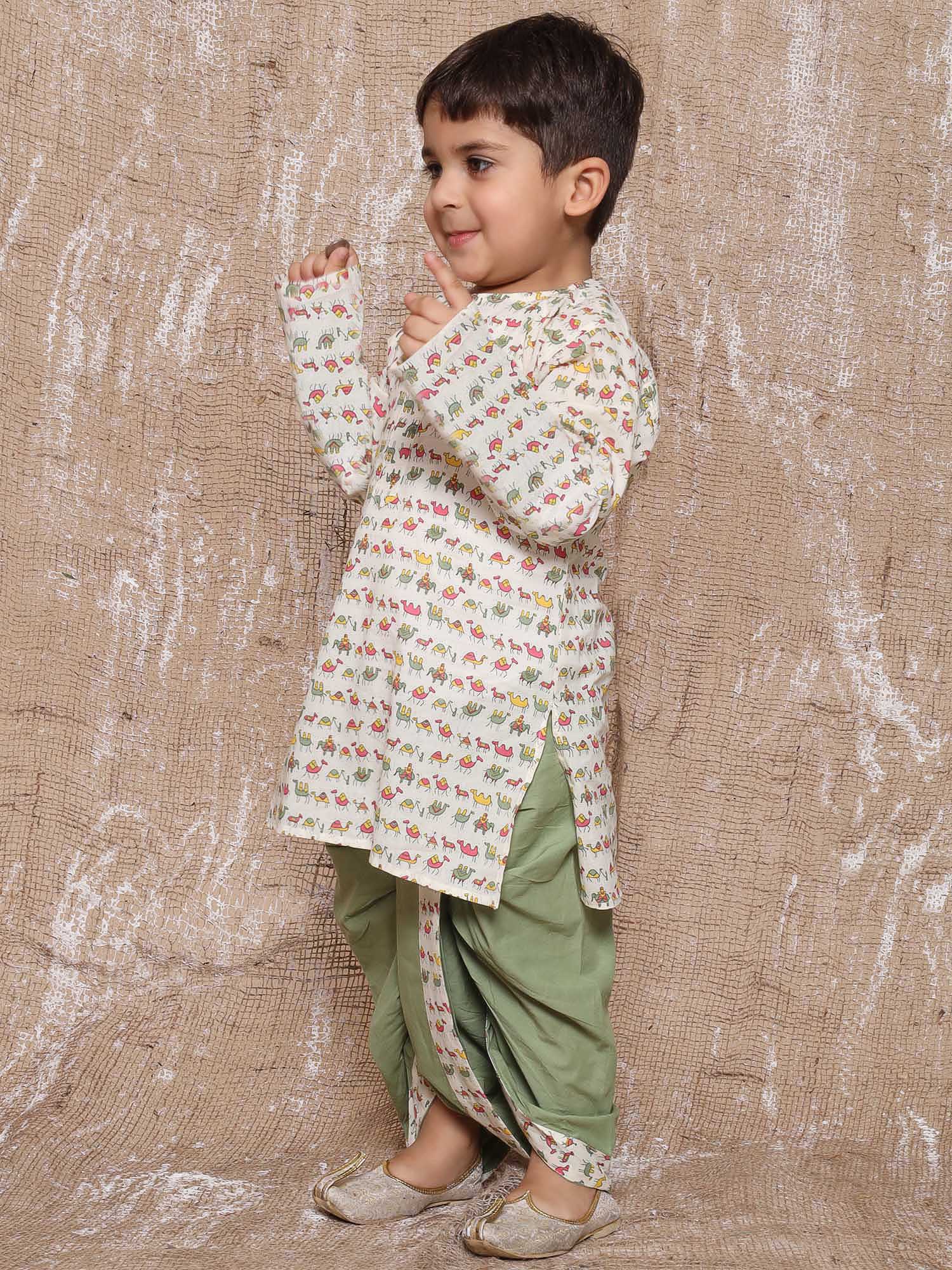 Kids Boys Green Animal Print Pure Cotton Dhoti Set - AJ Dezines