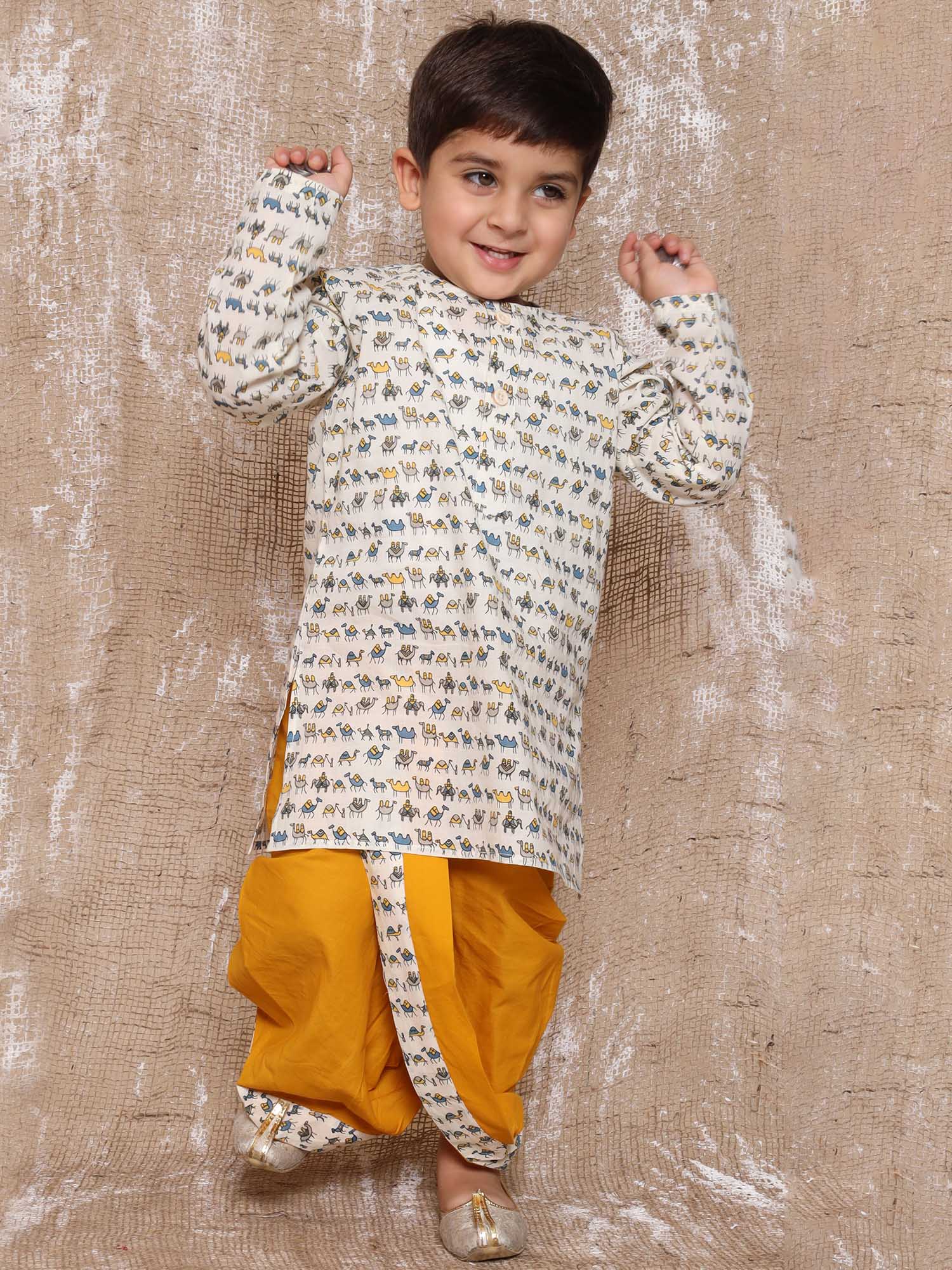 Kids Boys Yellow Animal Print Pure Cotton Dhoti Set - AJ Dezines