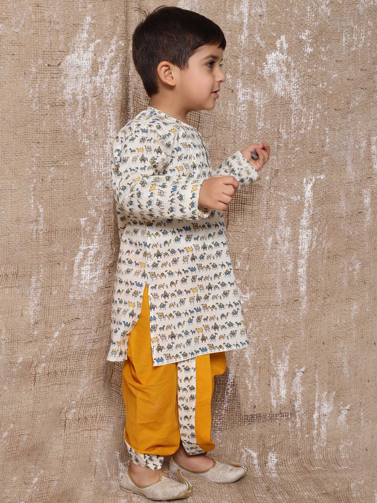 Kids Boys Yellow Animal Print Pure Cotton Dhoti Set - AJ Dezines
