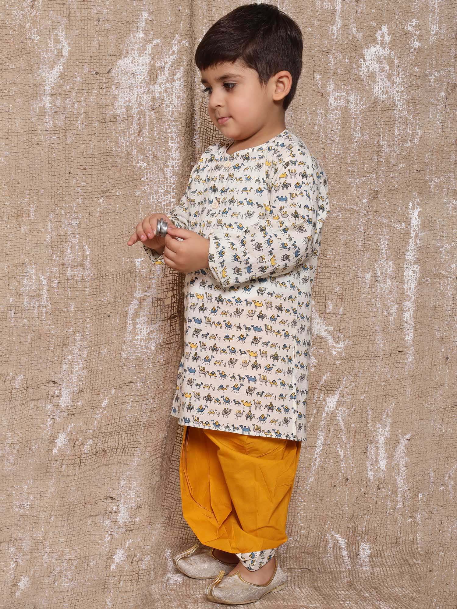 Kids Boys Yellow Animal Print Pure Cotton Dhoti Set - AJ Dezines