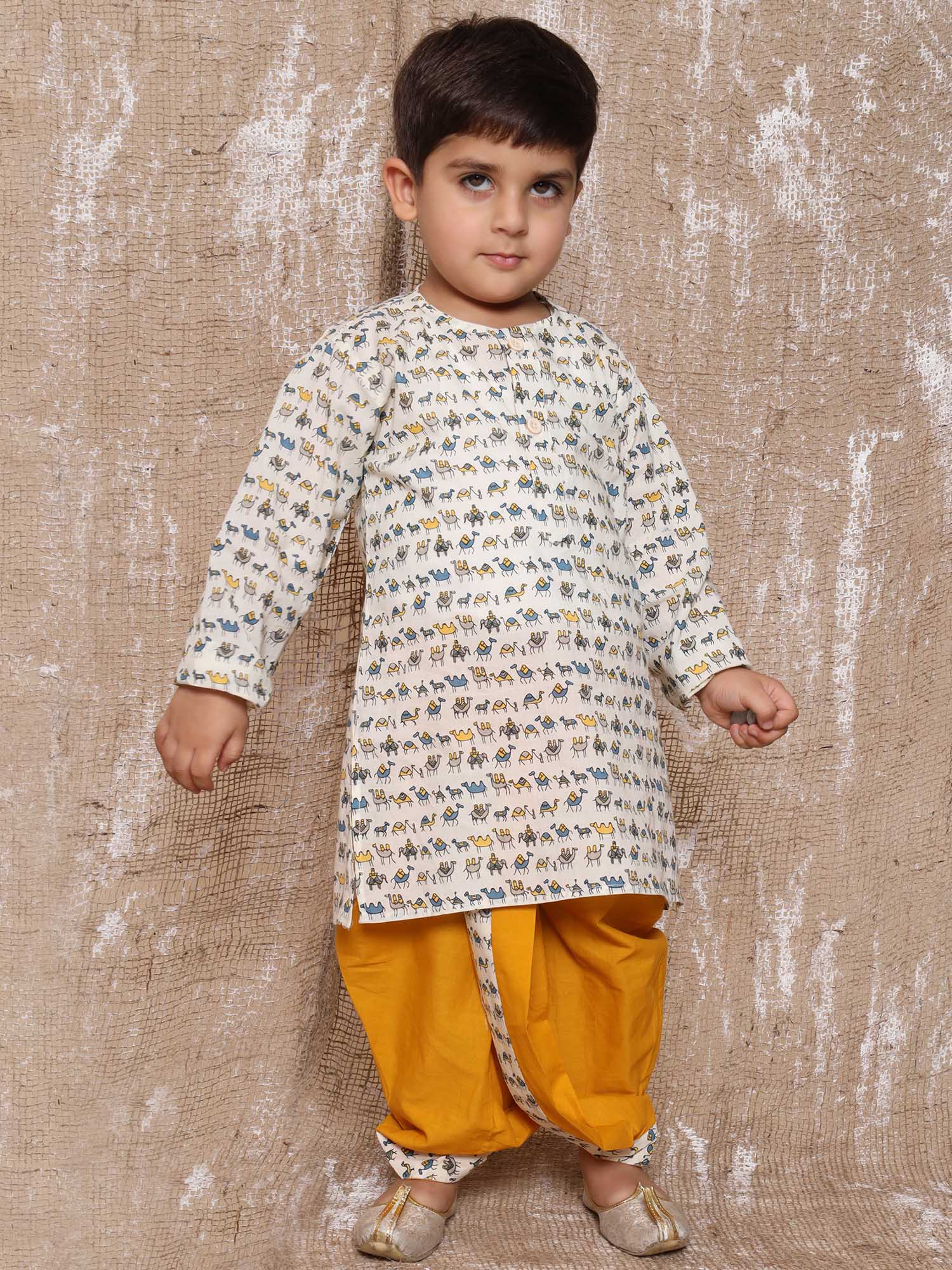 Kids Boys Yellow Animal Print Pure Cotton Dhoti Set - AJ Dezines