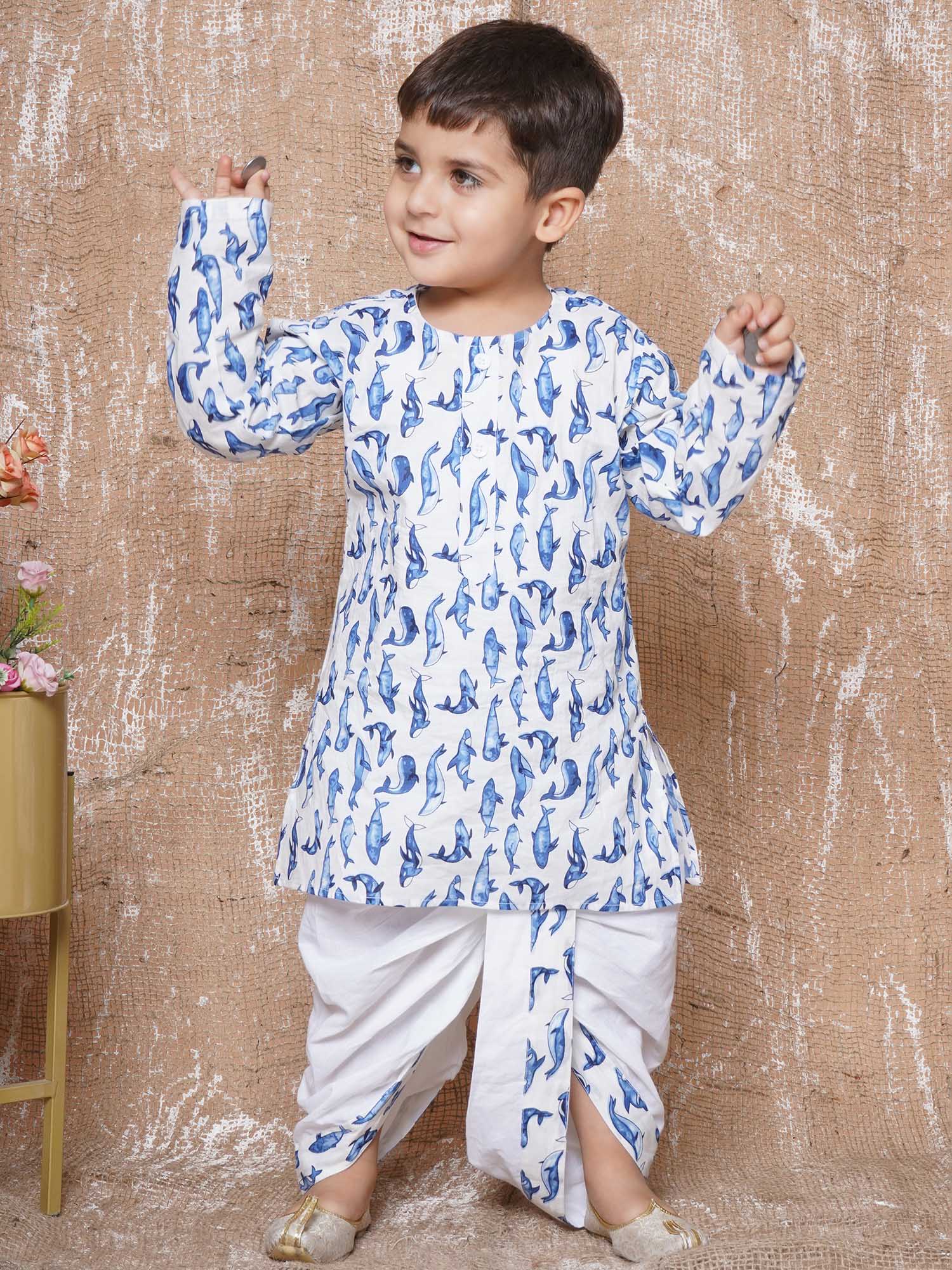 Kids Boys Blue Animal Print Pure Cotton Dhoti Set - AJ Dezines