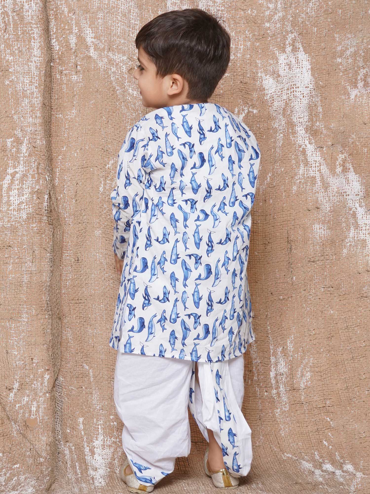 Kids Boys Blue Animal Print Pure Cotton Dhoti Set - AJ Dezines