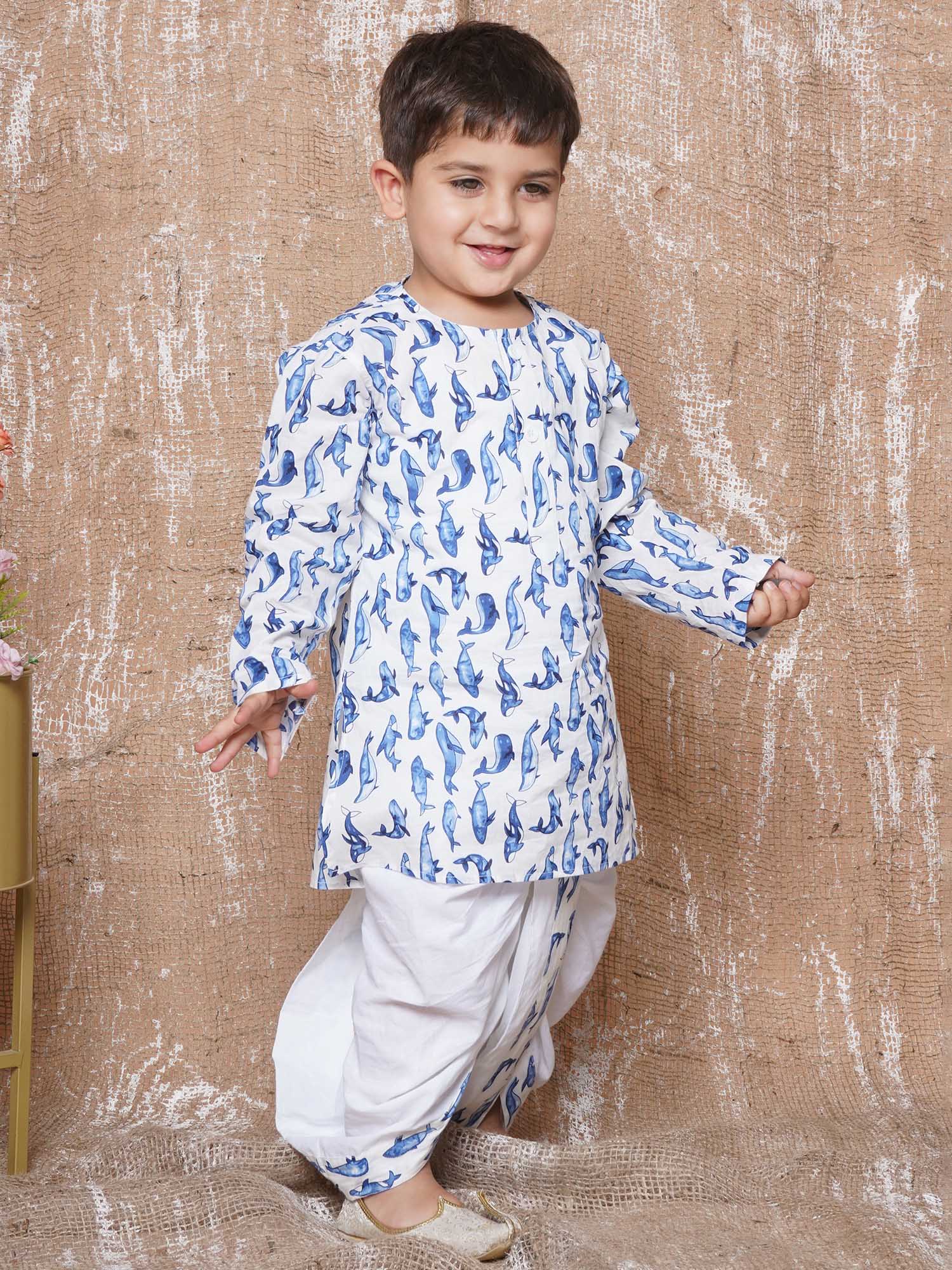 Kids Boys Blue Animal Print Pure Cotton Dhoti Set - AJ Dezines