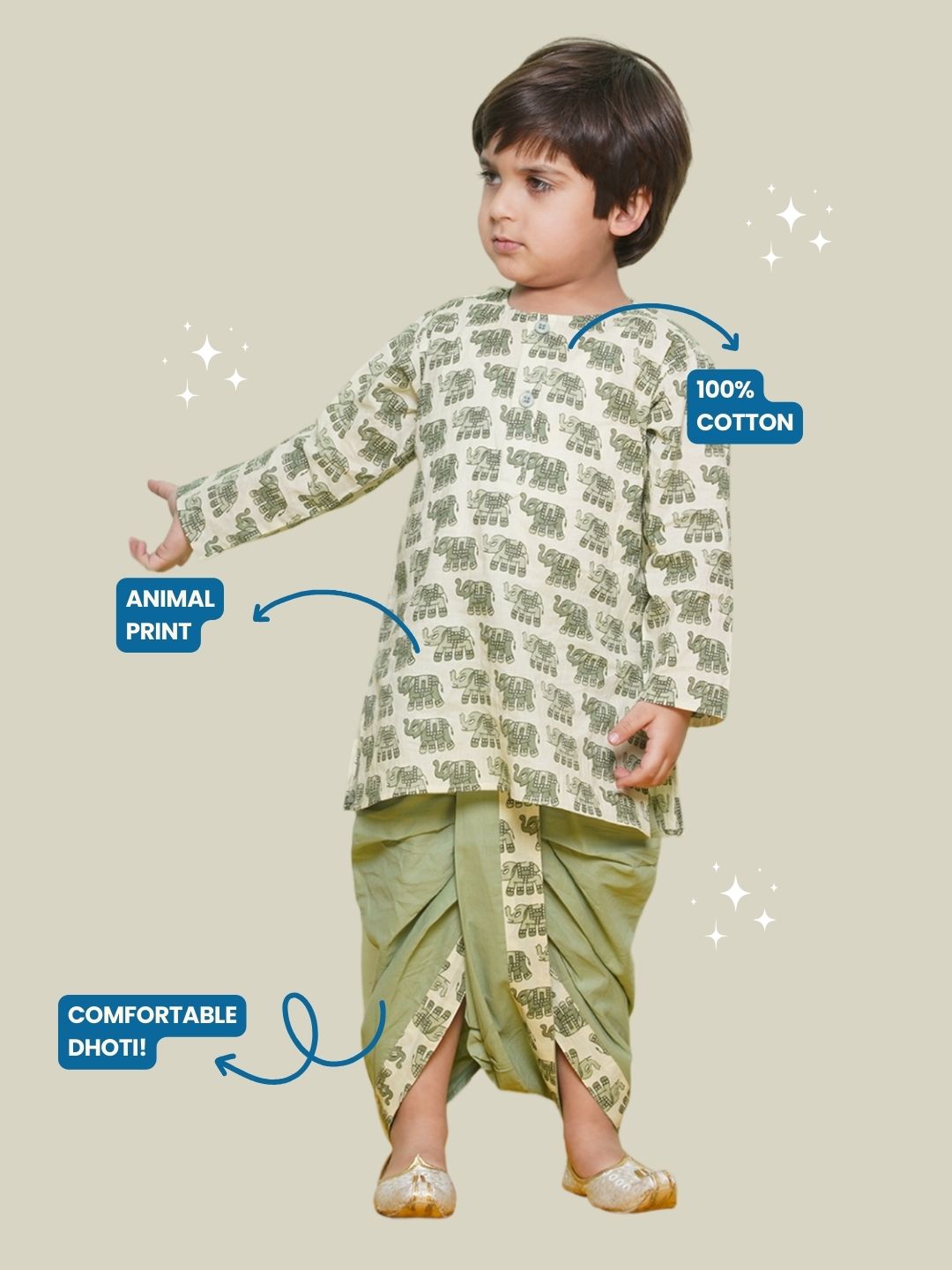Kids Boys Green Animal Print Pure Cotton Dhoti Set - AJ Dezines