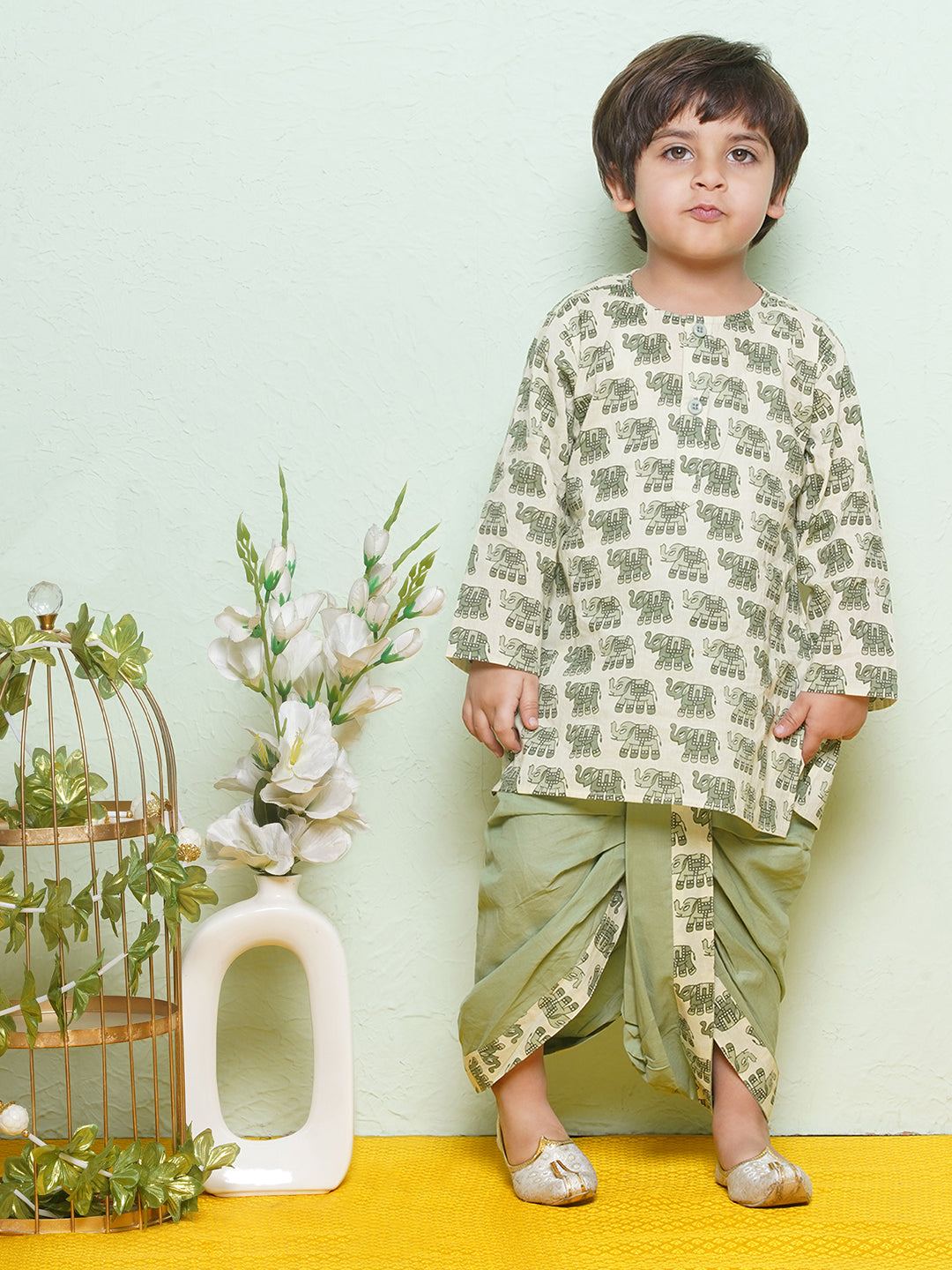Kids Boys Green Animal Print Pure Cotton Dhoti Set - AJ Dezines