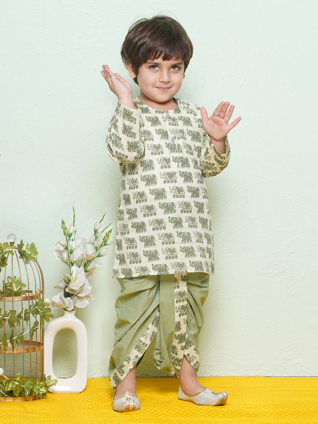 Kids Boys Green Animal Print Pure Cotton Dhoti Set - AJ Dezines
