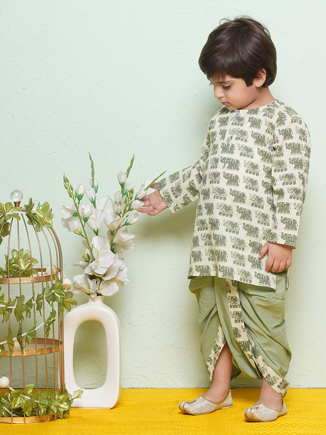 Kids Boys Green Animal Print Pure Cotton Dhoti Set - AJ Dezines