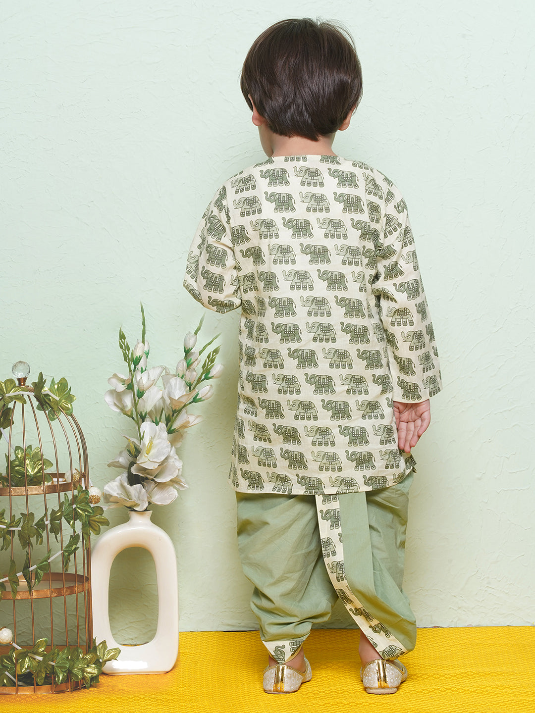 Kids Boys Green Animal Print Pure Cotton Dhoti Set - AJ Dezines