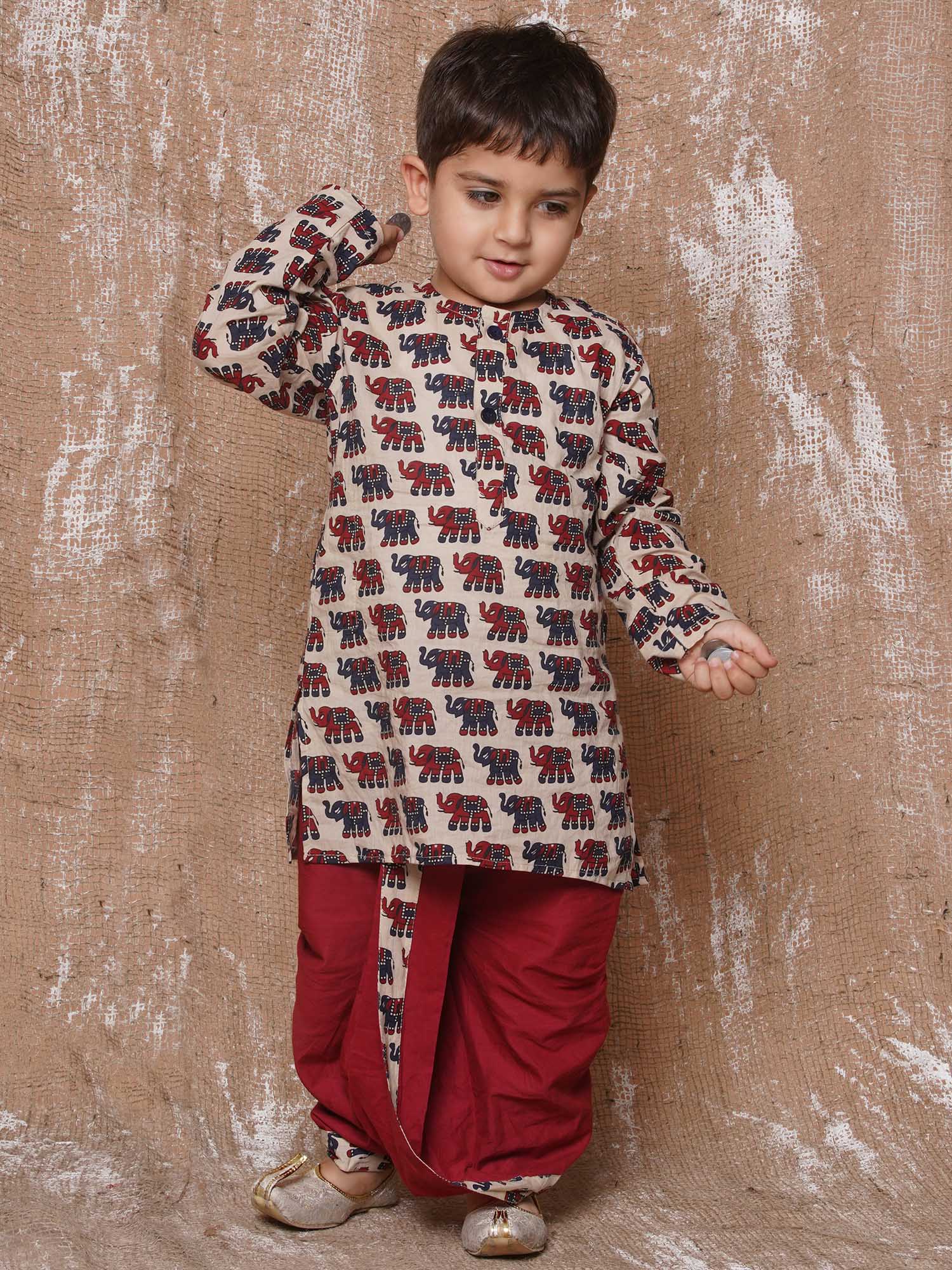 Kids Boys Maroon Animal Print Pure Cotton Dhoti Set - AJ Dezines
