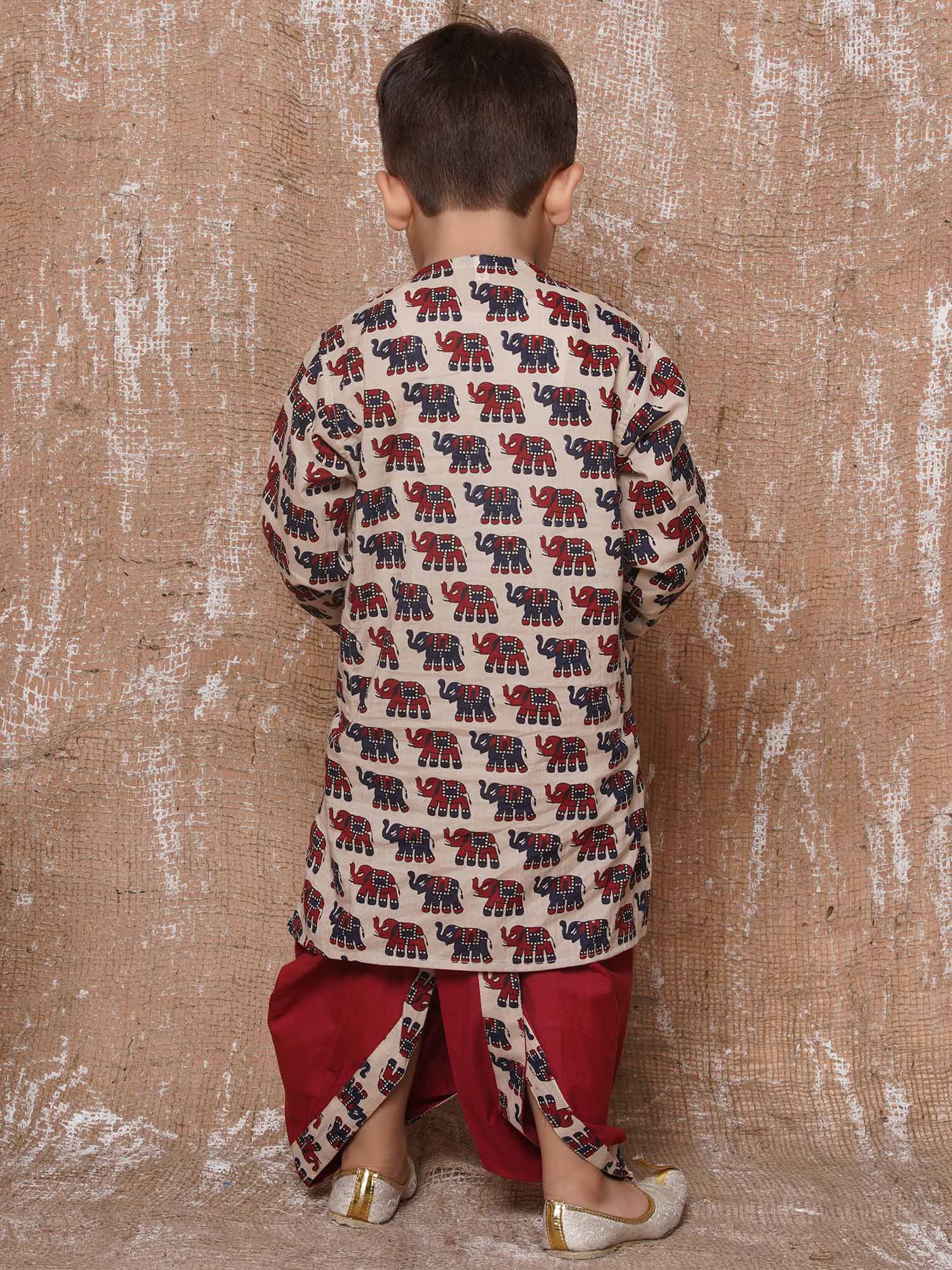 Kids Boys Maroon Animal Print Pure Cotton Dhoti Set - AJ Dezines