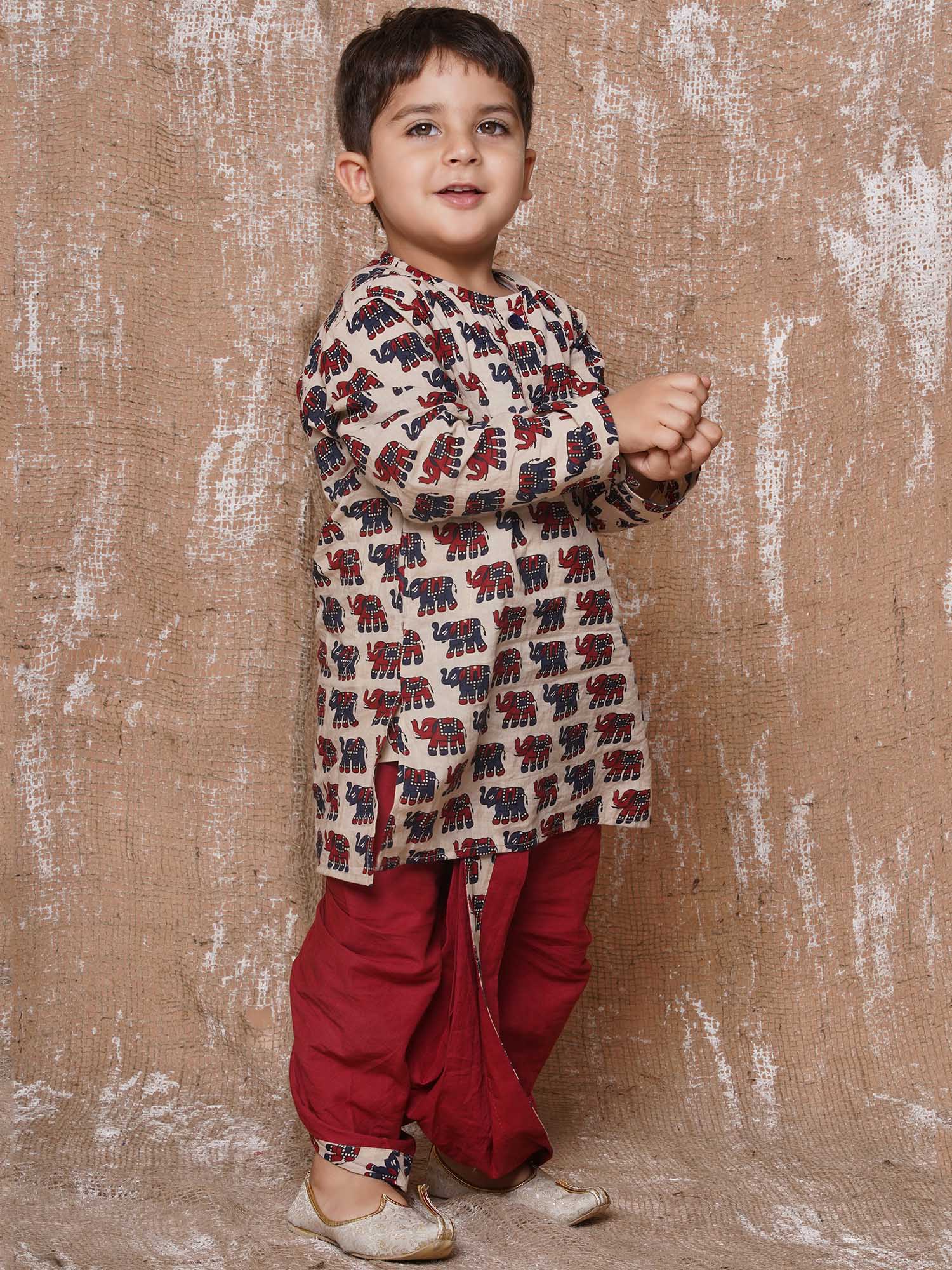 Kids Boys Maroon Animal Print Pure Cotton Dhoti Set - AJ Dezines