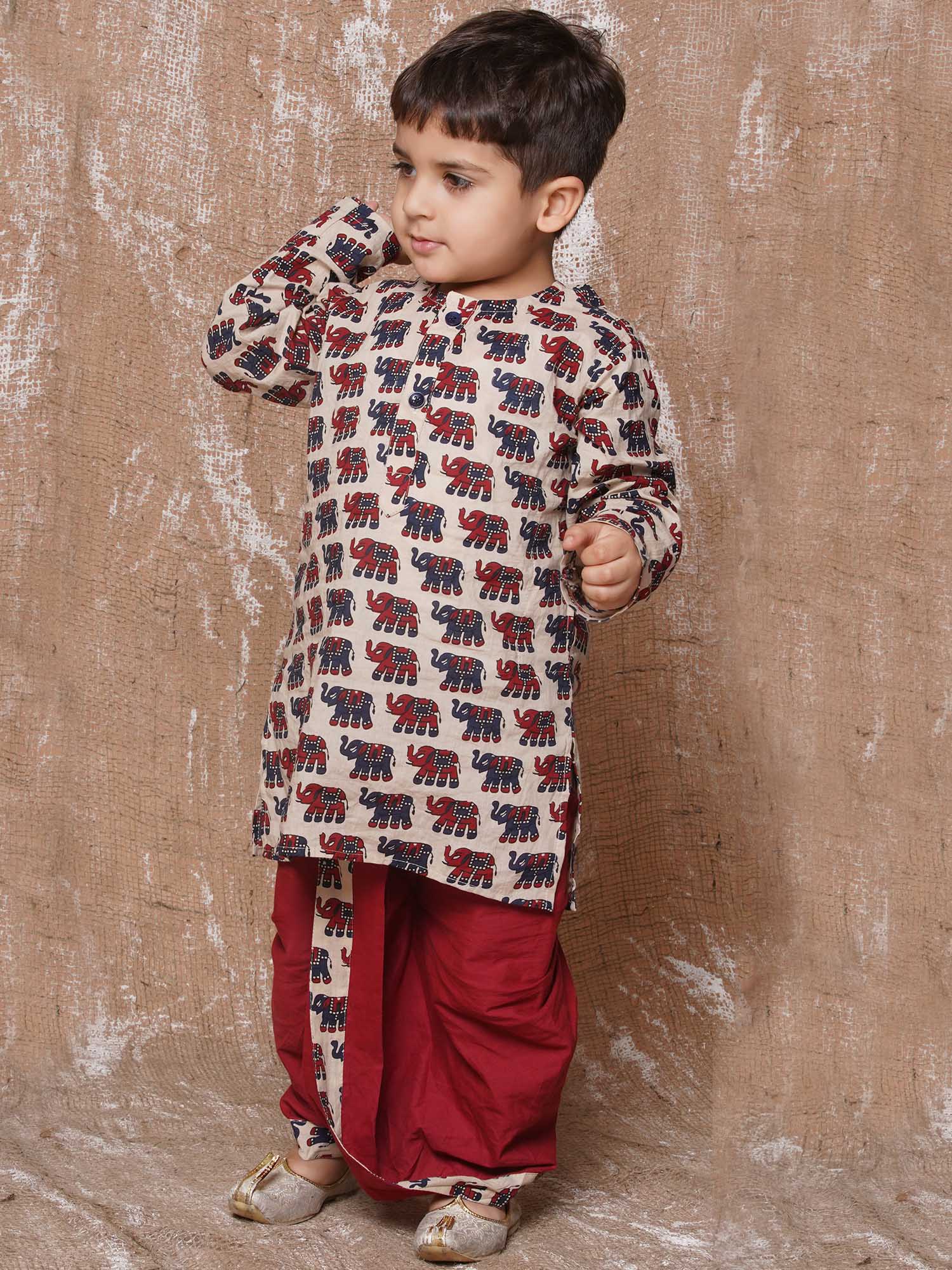 Kids Boys Maroon Animal Print Pure Cotton Dhoti Set - AJ Dezines