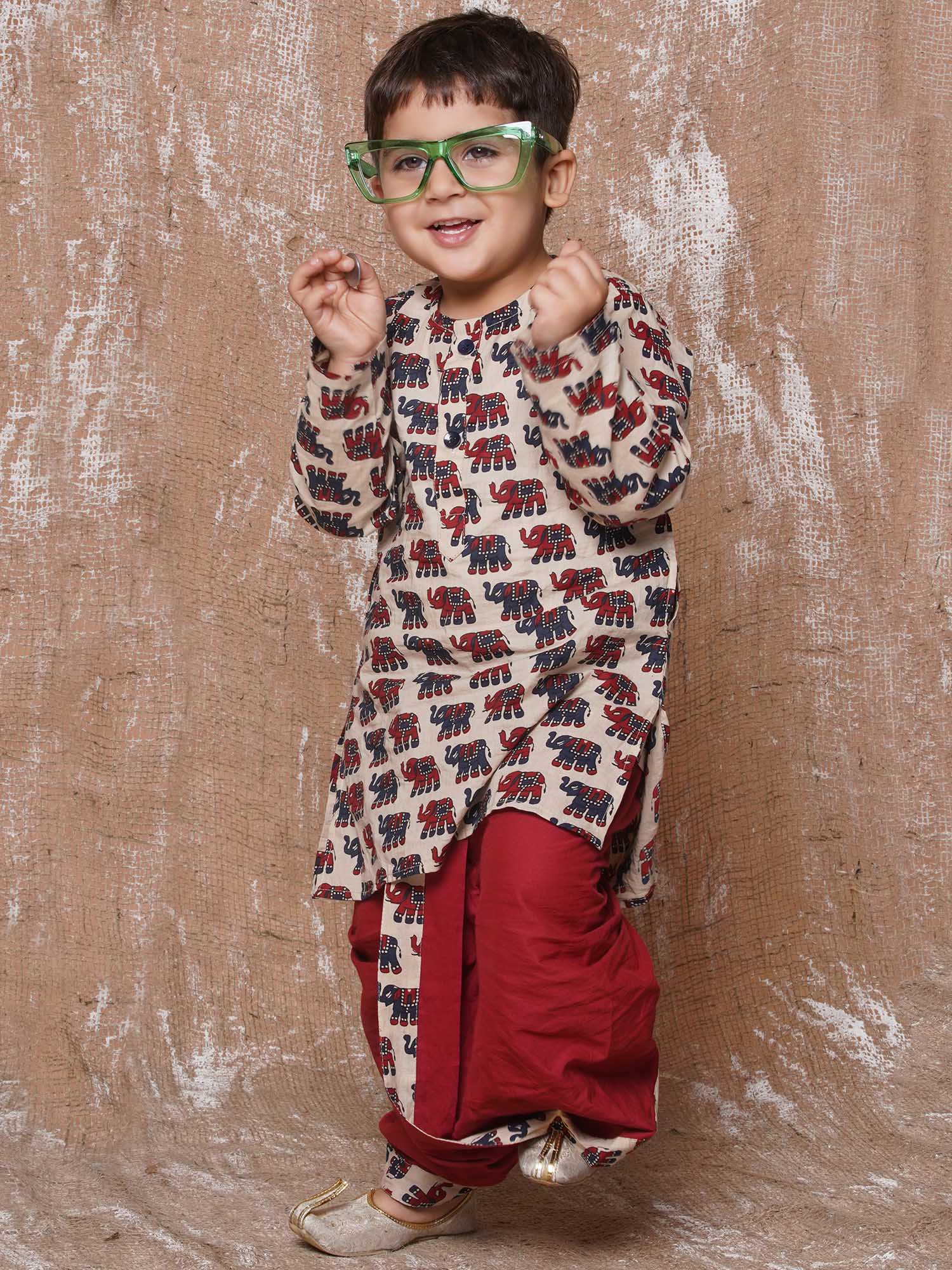 Kids Boys Maroon Animal Print Pure Cotton Dhoti Set - AJ Dezines