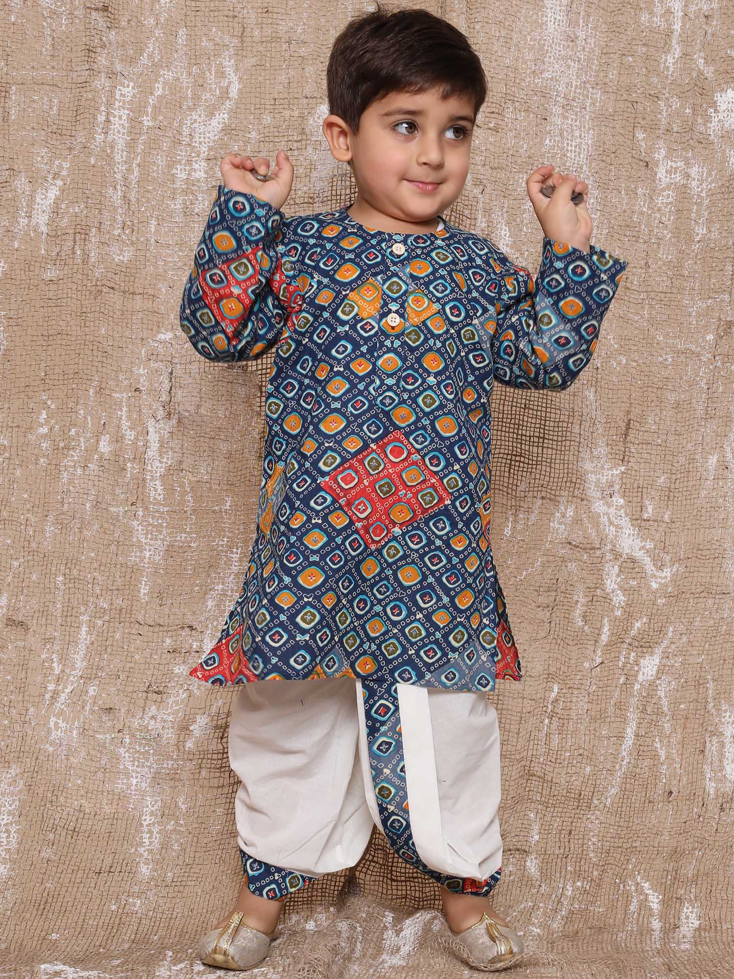 Kids Boys Blue Bandhani Print Pure Cotton Dhoti Set - AJ Dezines