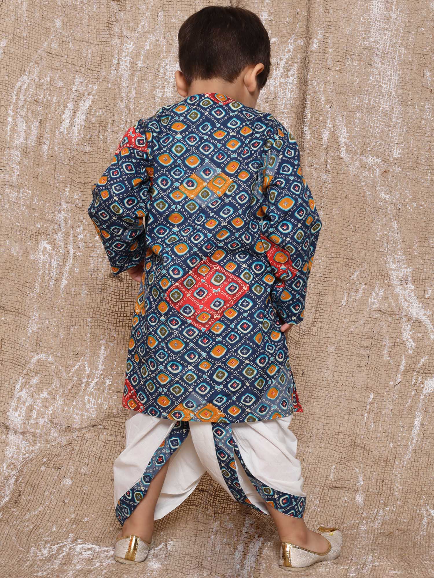 Kids Boys Blue Bandhani Print Pure Cotton Dhoti Set - AJ Dezines