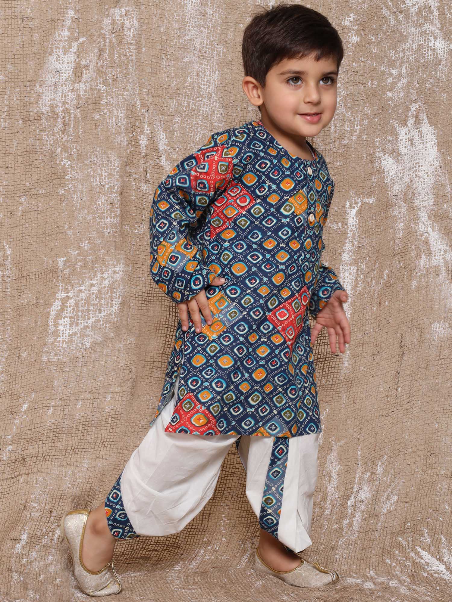 Kids Boys Blue Bandhani Print Pure Cotton Dhoti Set - AJ Dezines