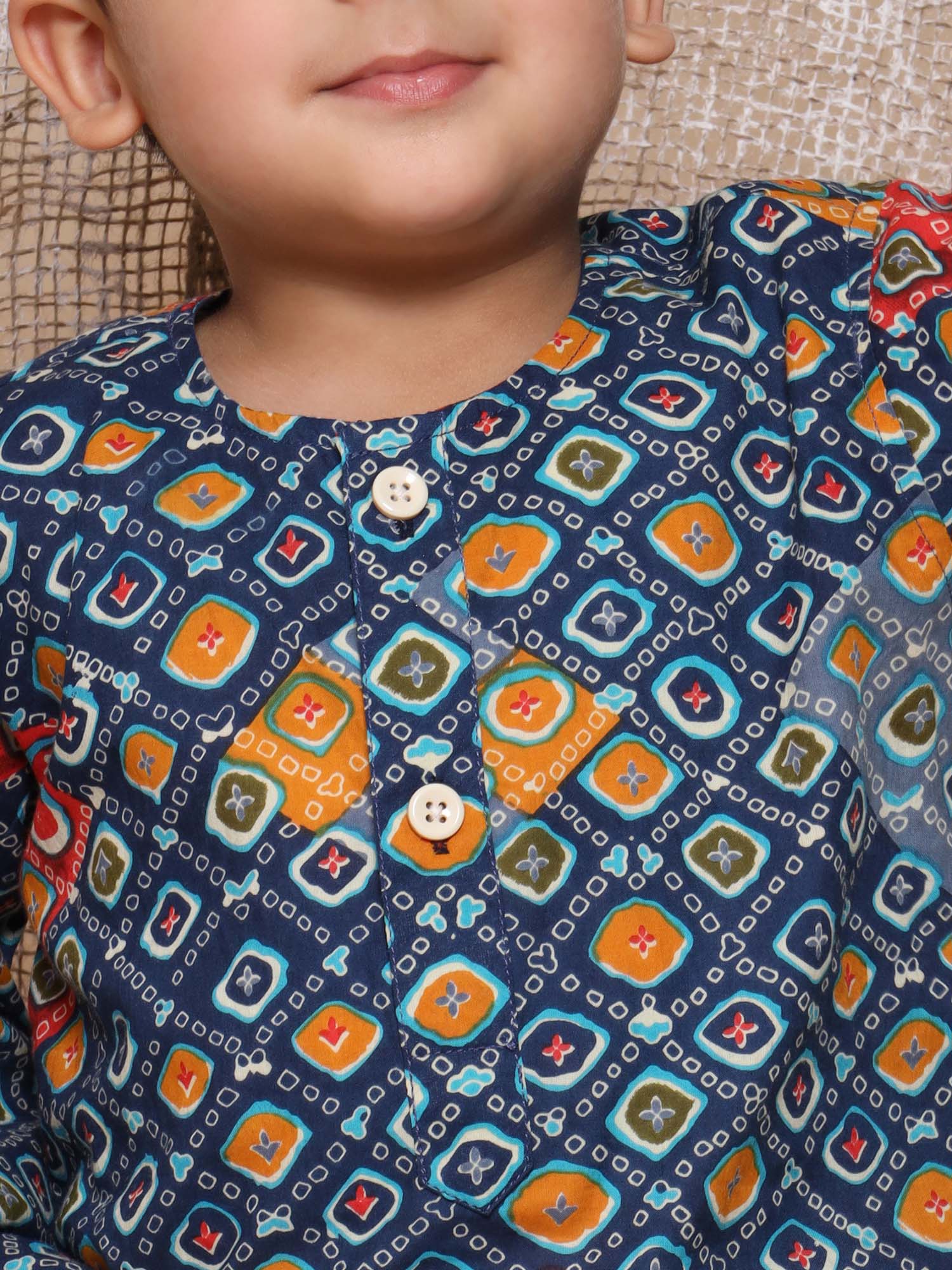 Kids Boys Blue Bandhani Print Pure Cotton Dhoti Set - AJ Dezines