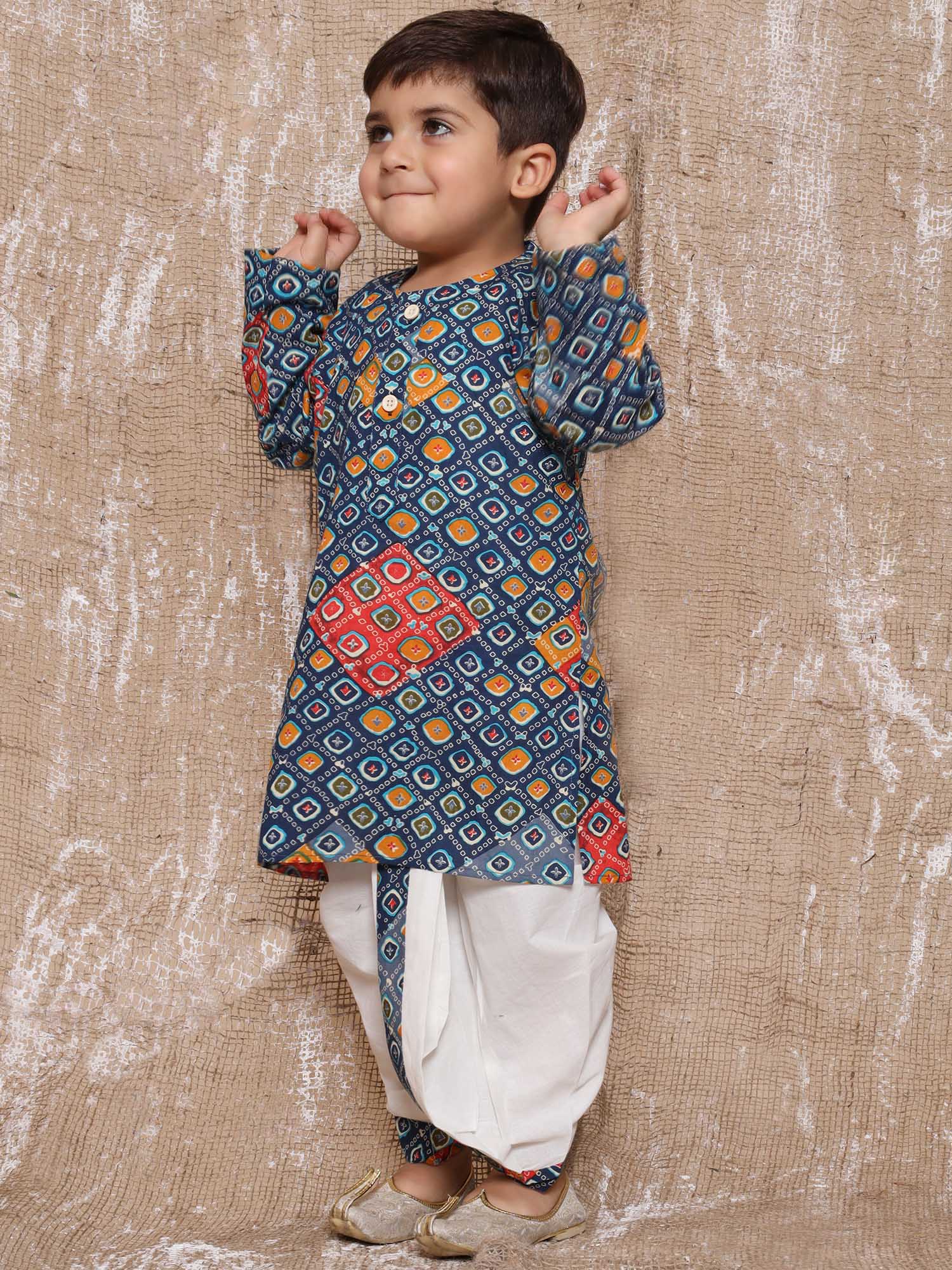 Kids Boys Blue Bandhani Print Pure Cotton Dhoti Set - AJ Dezines