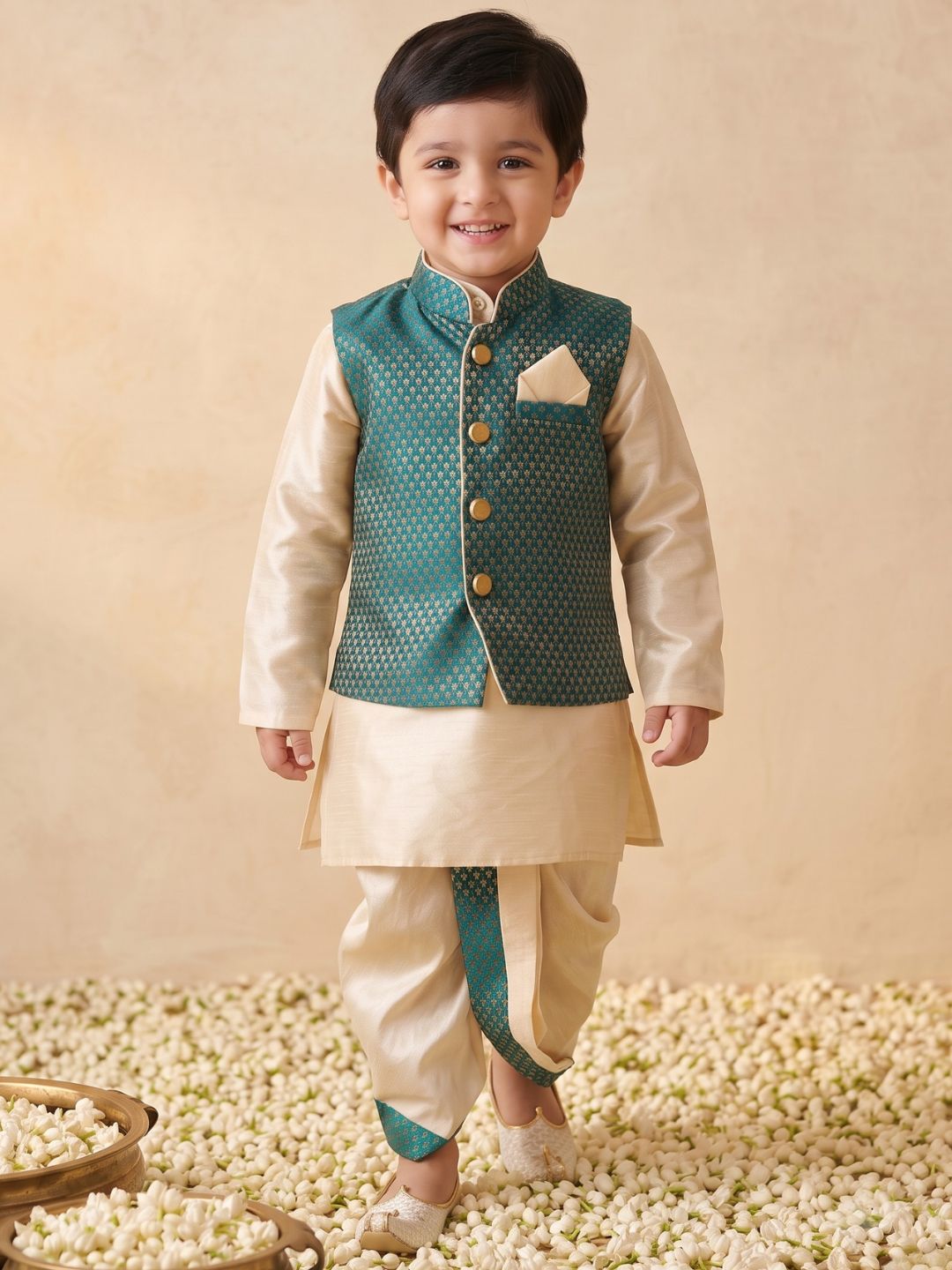 Kids Boys Green Solid Raw Silk Dhoti Set