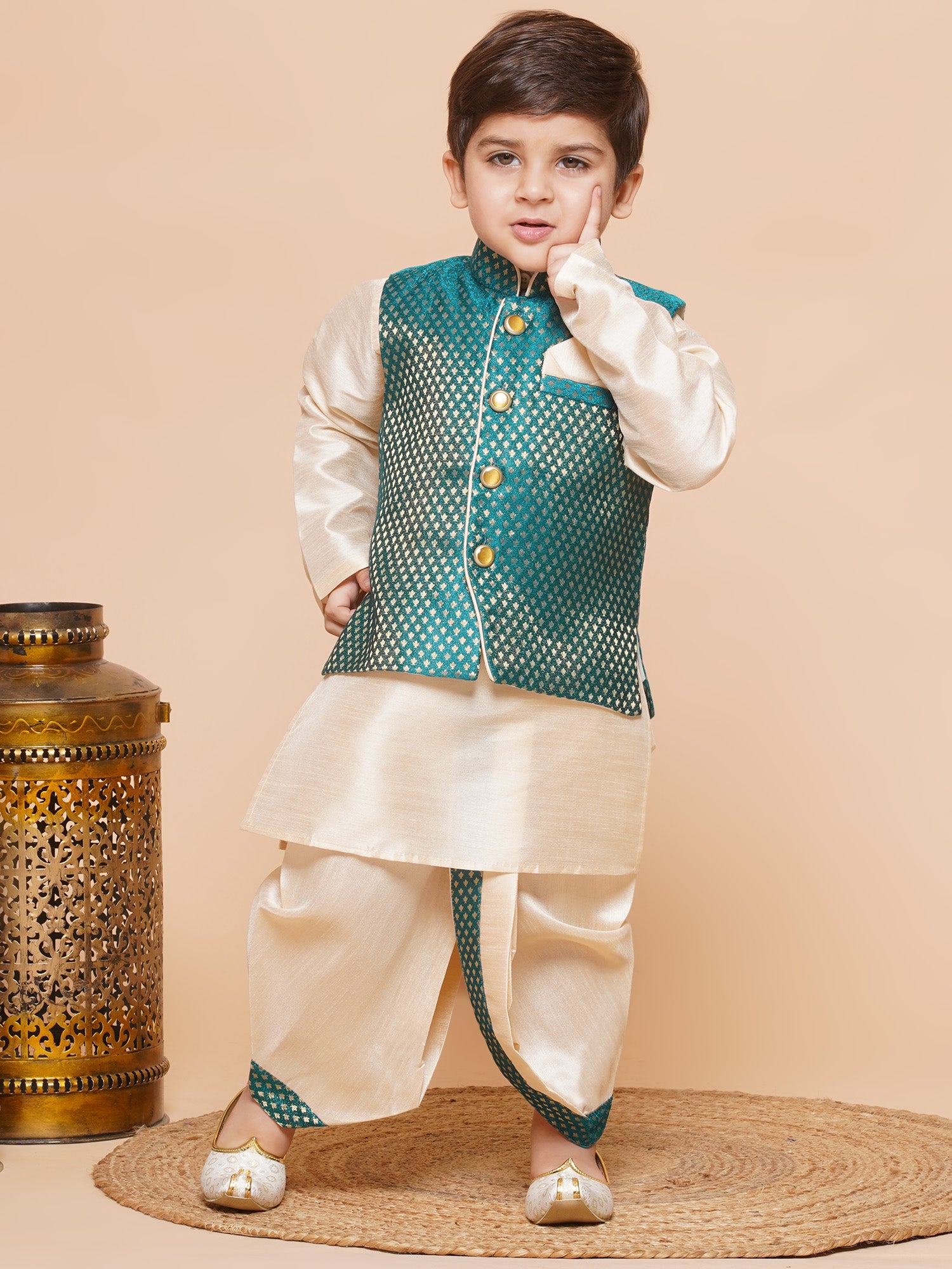 Kids Boys Green Solid Raw Silk Dhoti Set - AJ Dezines