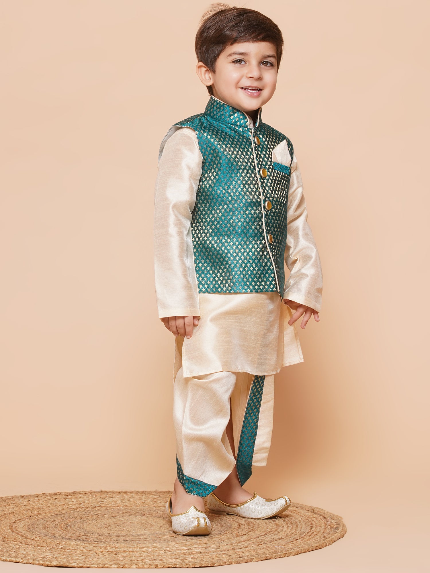 Kids Boys Green Solid Raw Silk Dhoti Set - AJ Dezines