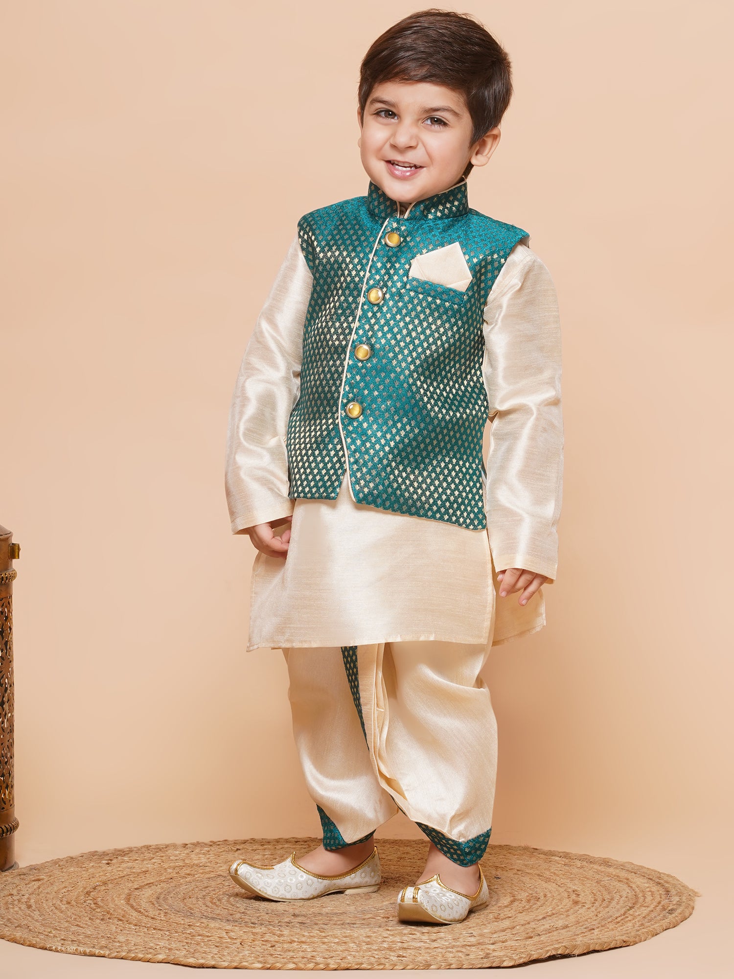 Kids Boys Green Solid Raw Silk Dhoti Set - AJ Dezines