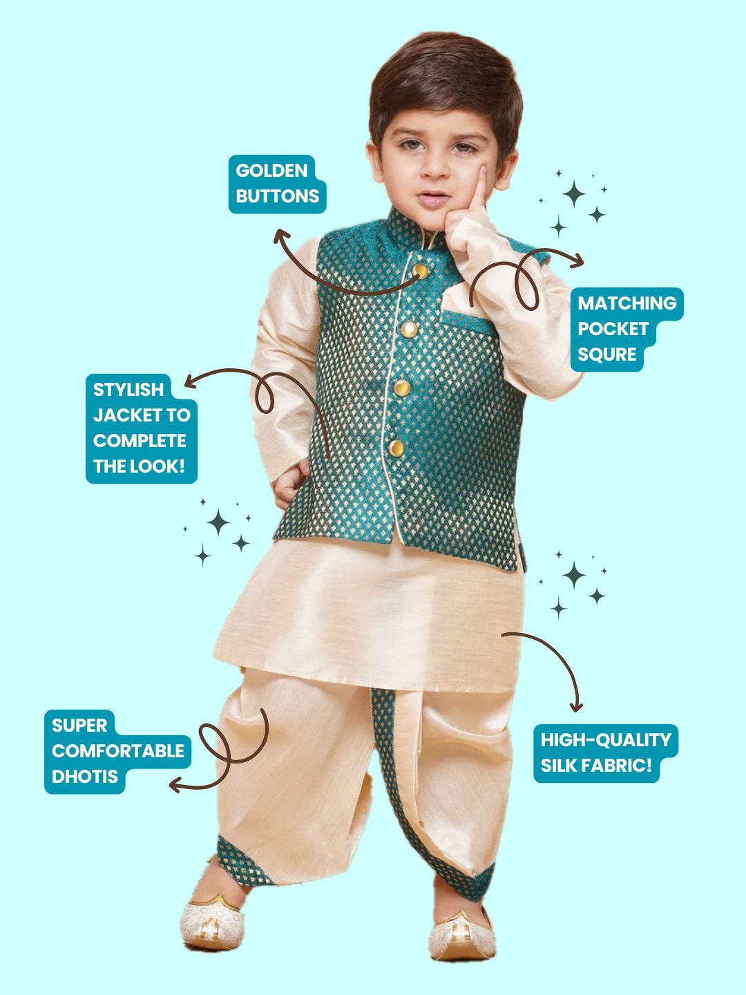 Kids Boys Green Solid Raw Silk Dhoti Set - AJ Dezines