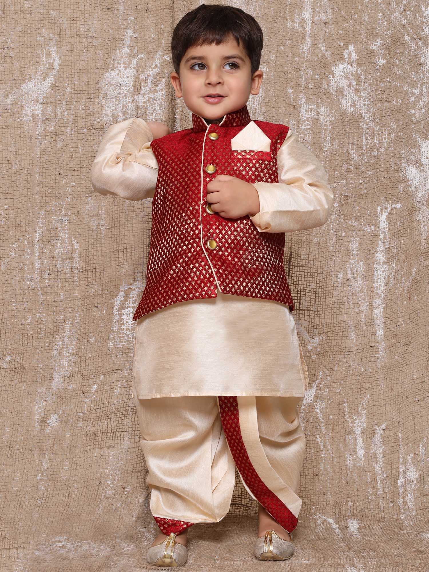 Kids Boys Maroon Solid Raw Silk Dhoti Set - AJ Dezines
