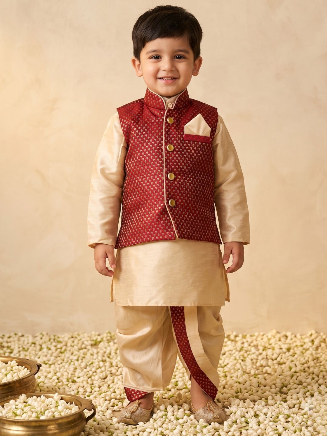 Kids Boys Maroon Solid Raw Silk Dhoti Set
