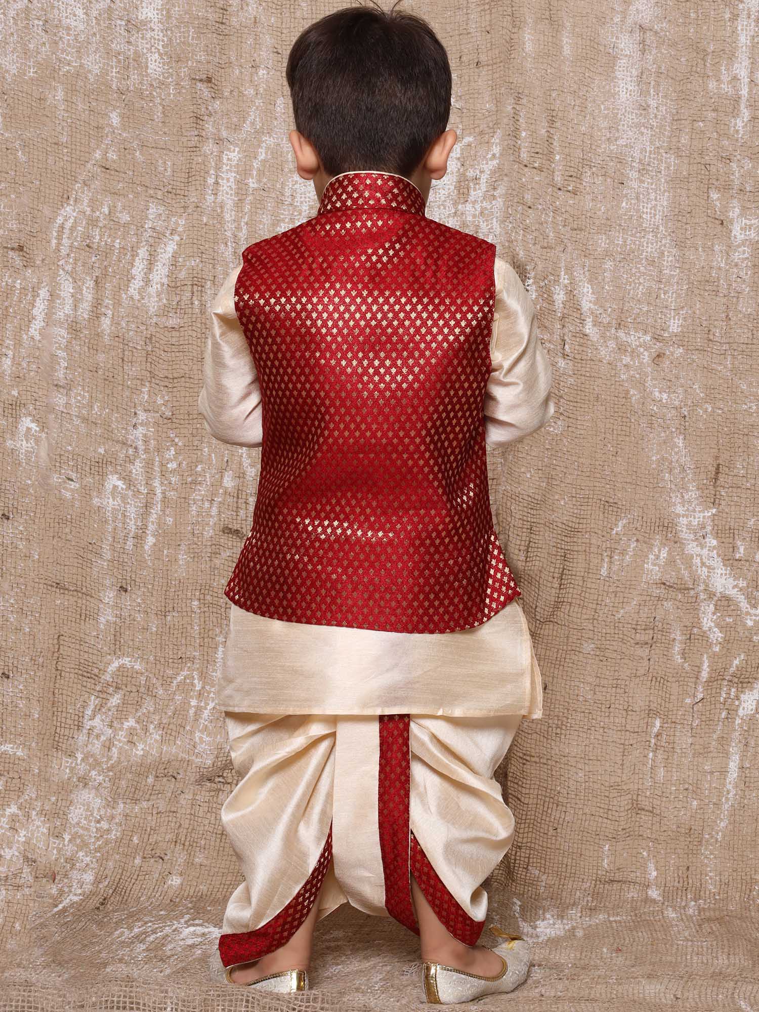 Kids Boys Maroon Solid Raw Silk Dhoti Set - AJ Dezines