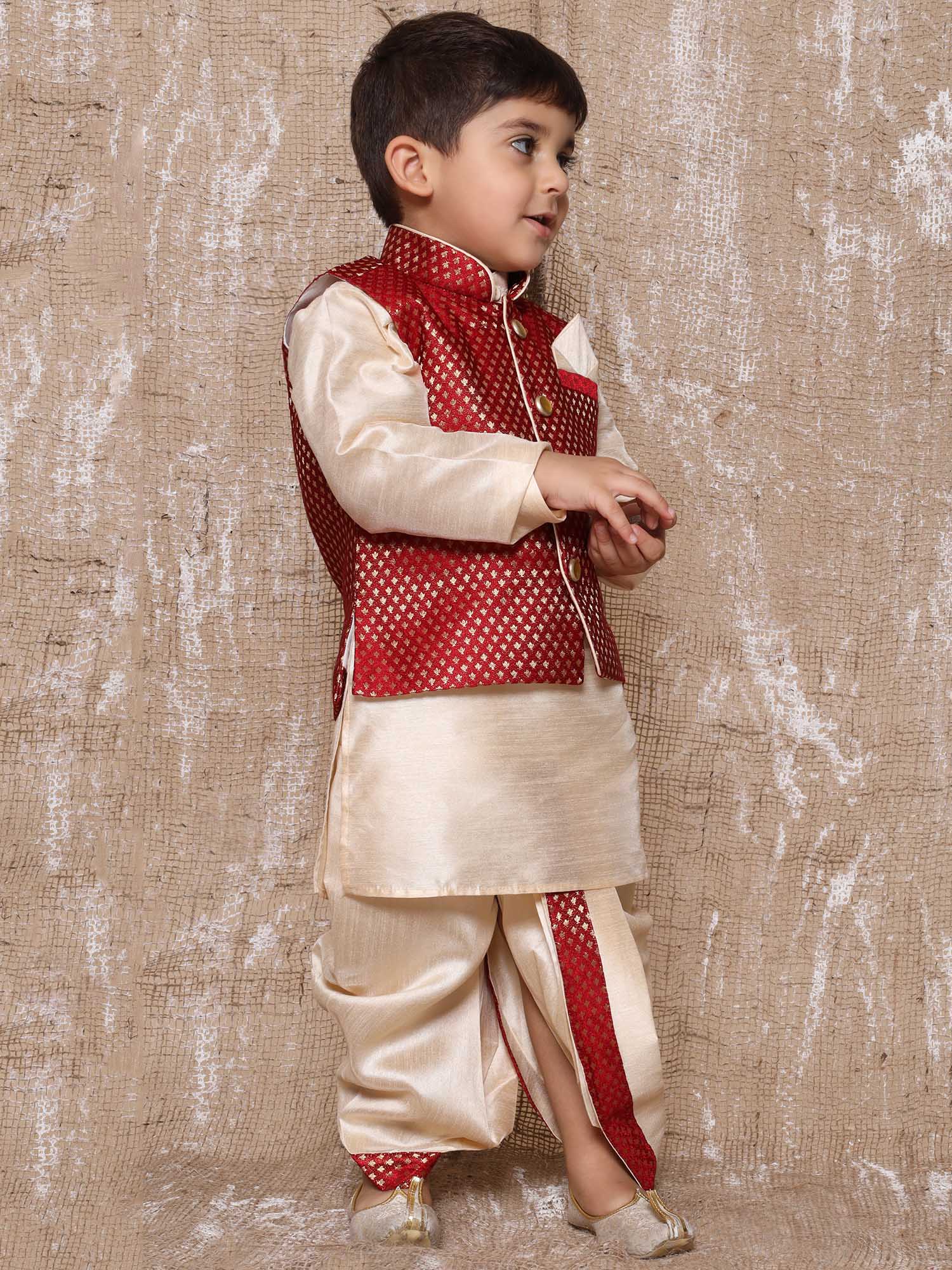 Kids Boys Maroon Solid Raw Silk Dhoti Set - AJ Dezines